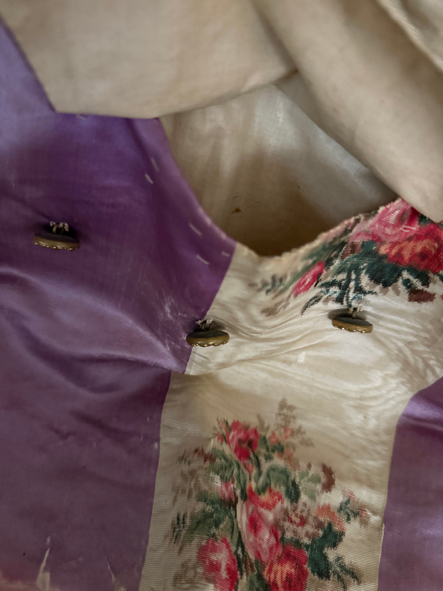 RARE 19th c Antique French "Vintage By Nina" Silk Lavender Watered Rose Vest