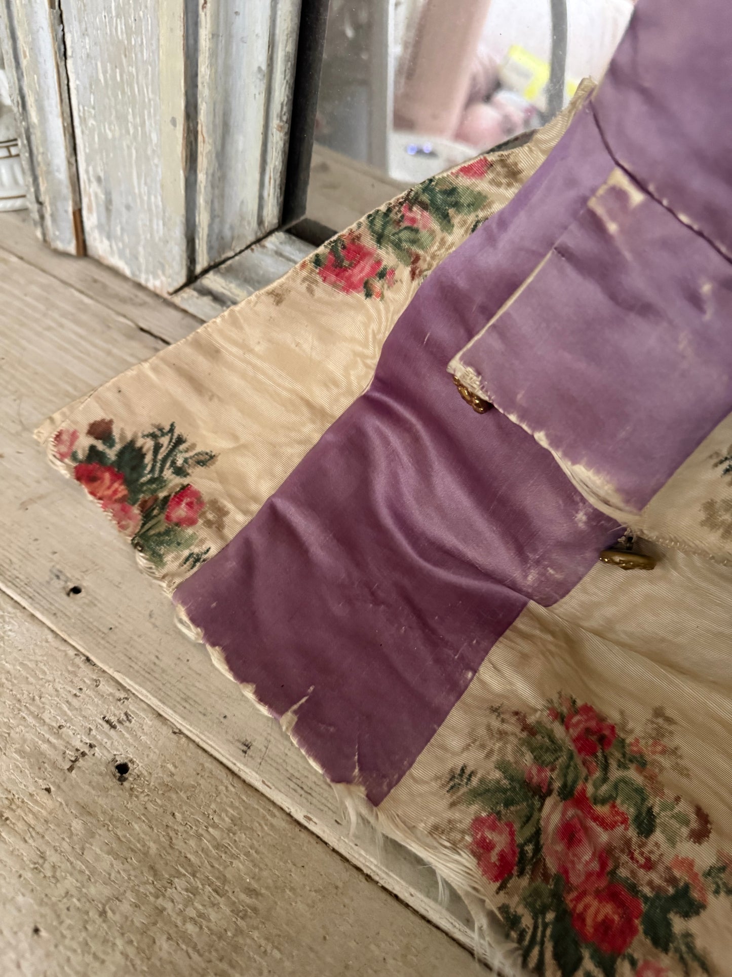 RARE 19th c Antique French "Vintage By Nina" Silk Lavender Watered Rose Vest