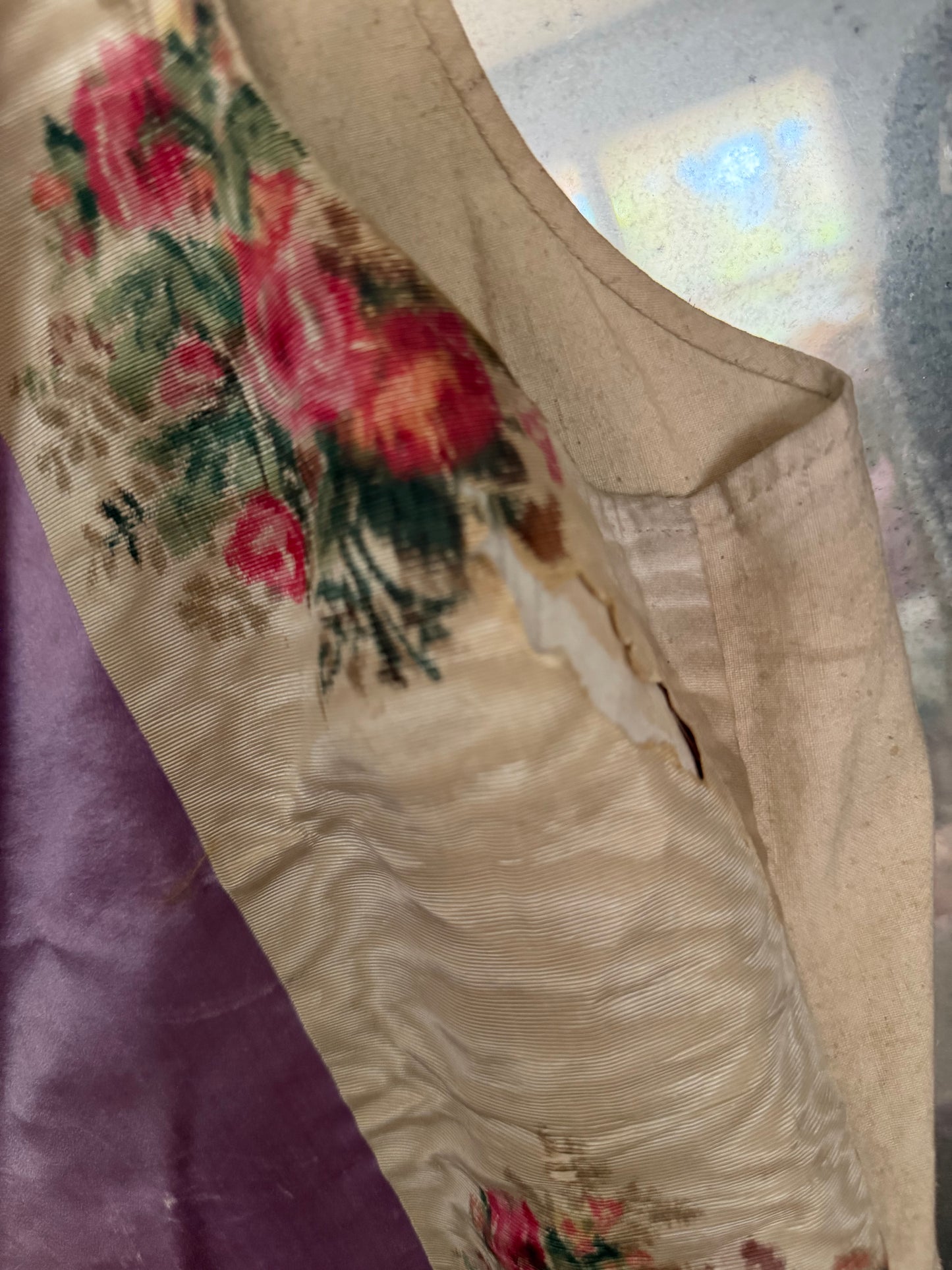 RARE 19th c Antique French "Vintage By Nina" Silk Lavender Watered Rose Vest