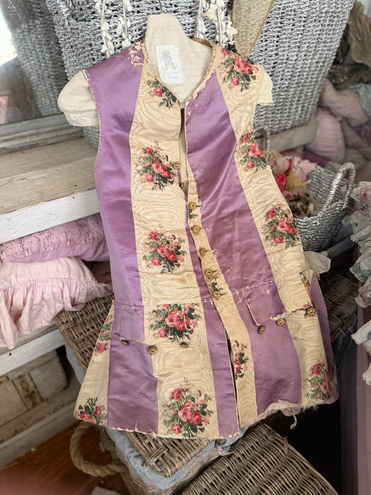 RARE 19th c Antique French "Vintage By Nina" Silk Lavender Watered Rose Vest
