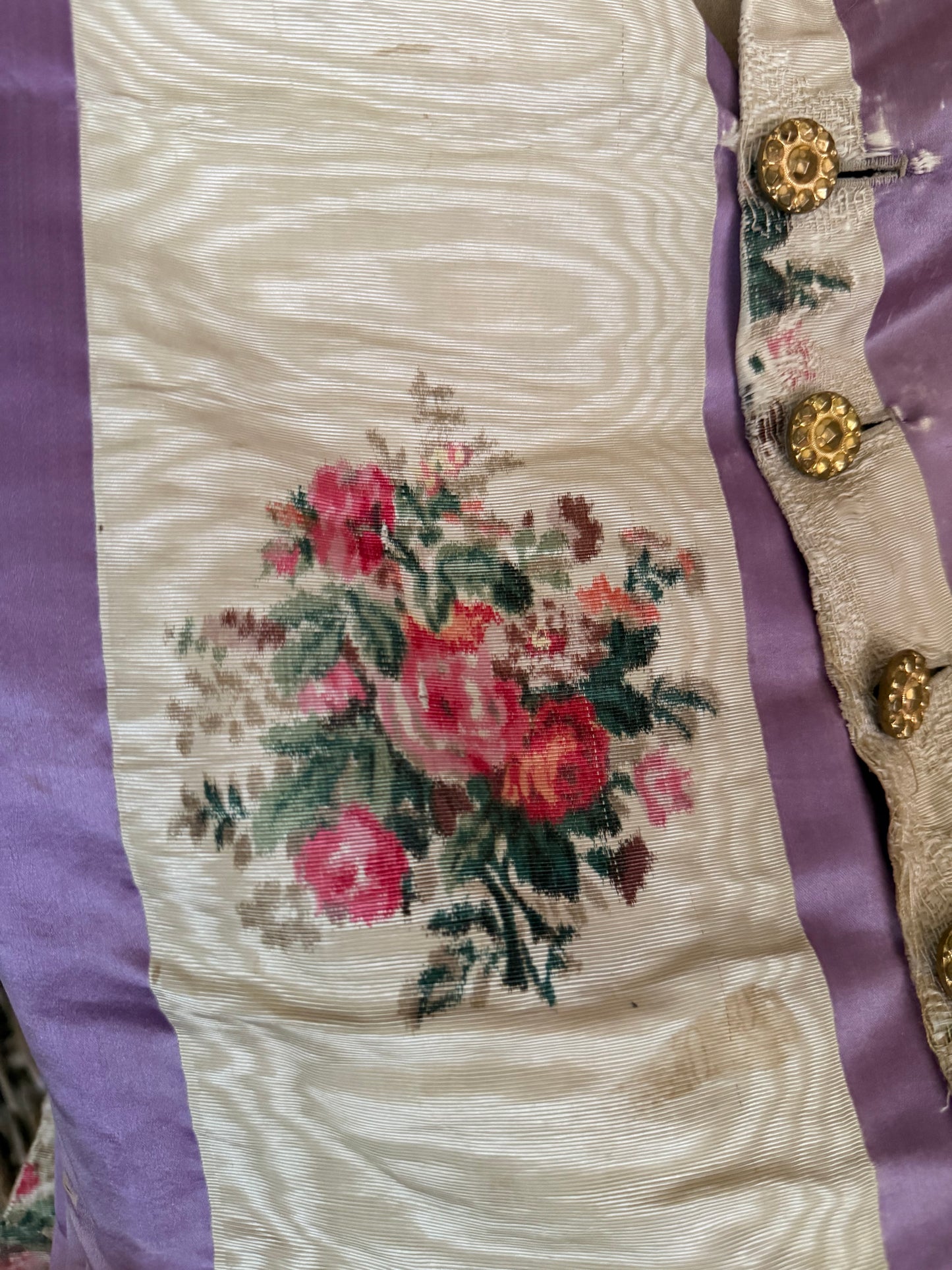 RARE 19th c Antique French "Vintage By Nina" Silk Lavender Watered Rose Vest