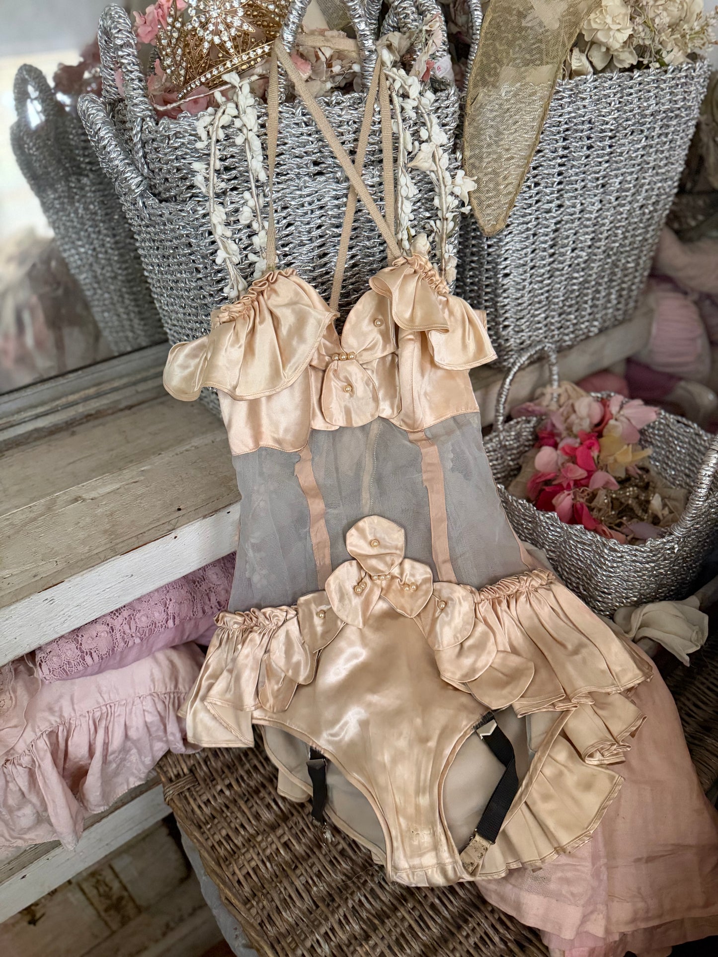 Vintage Satin Petal Pearl Showgirl Costume