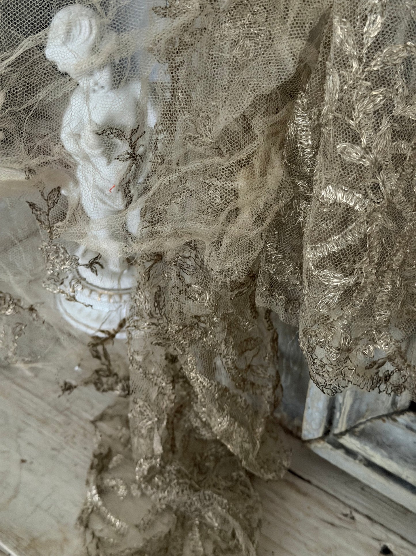 Antique Silver Metallic Embroidered Lace Yardage