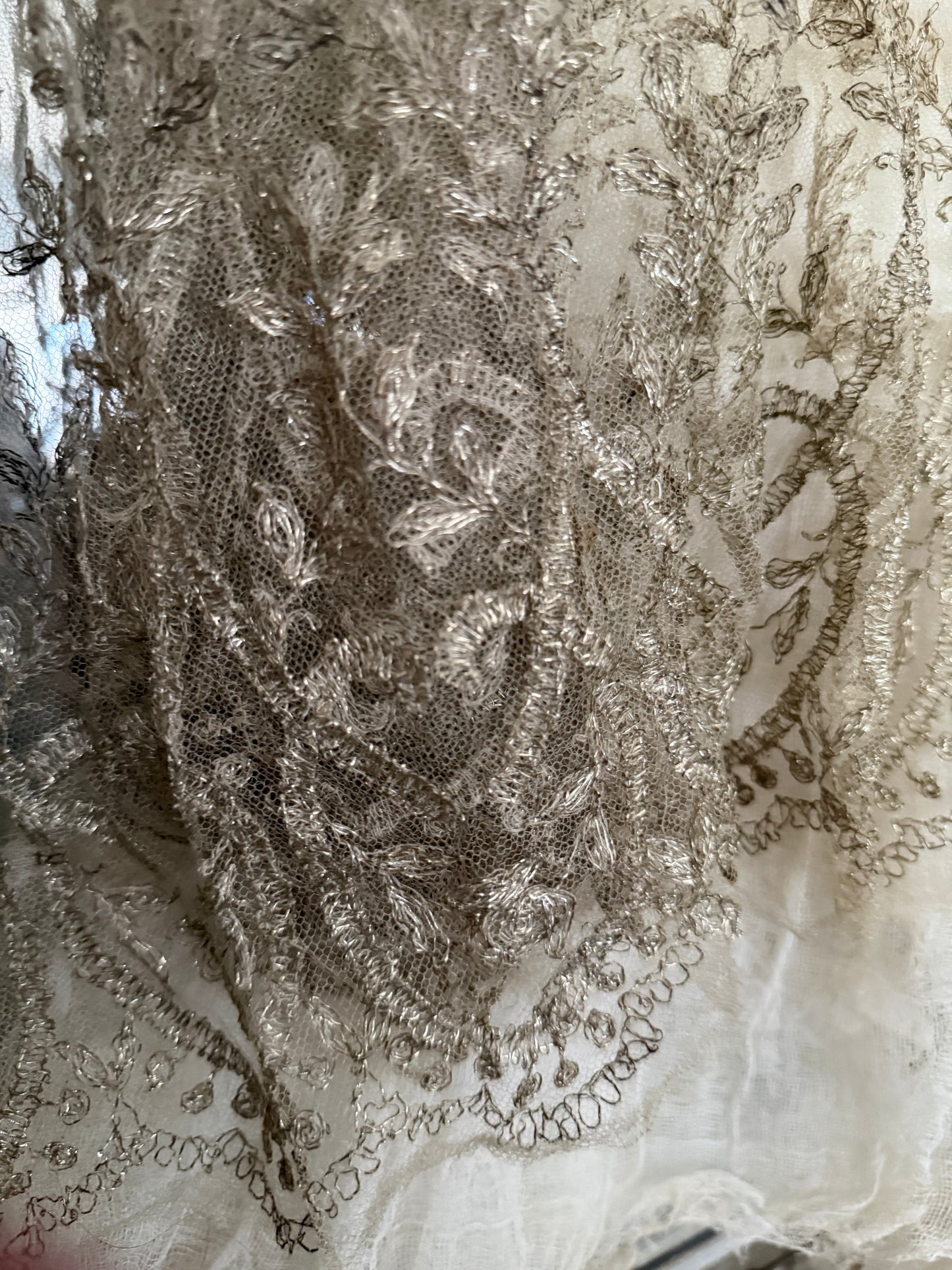 Antique Silver Metallic Embroidered Lace Yardage
