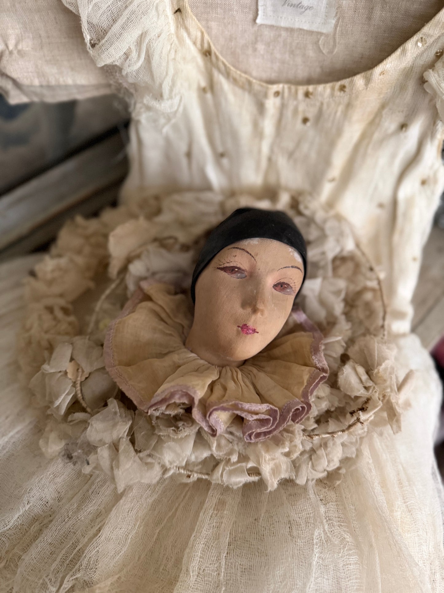 Antique French Pierrot Boudoir Doll Ruffled Lavender Collar