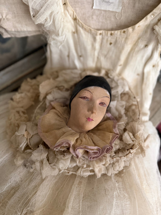 Antique French Pierrot Boudoir Doll Ruffled Lavender Collar