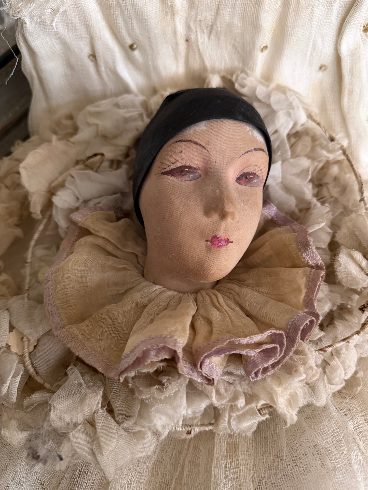 Antique French Pierrot Boudoir Doll Ruffled Lavender Collar