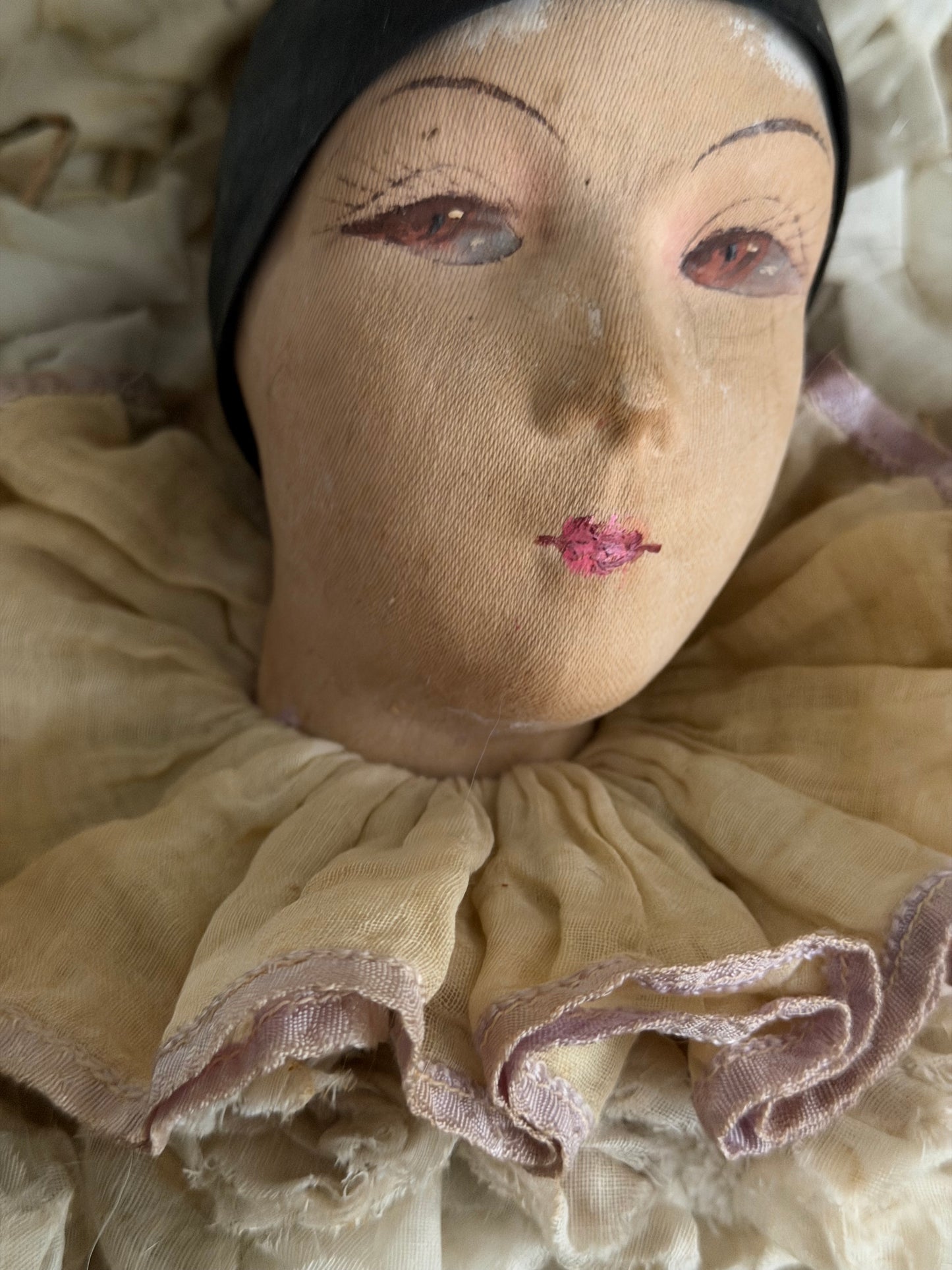 Antique French Pierrot Boudoir Doll Ruffled Lavender Collar