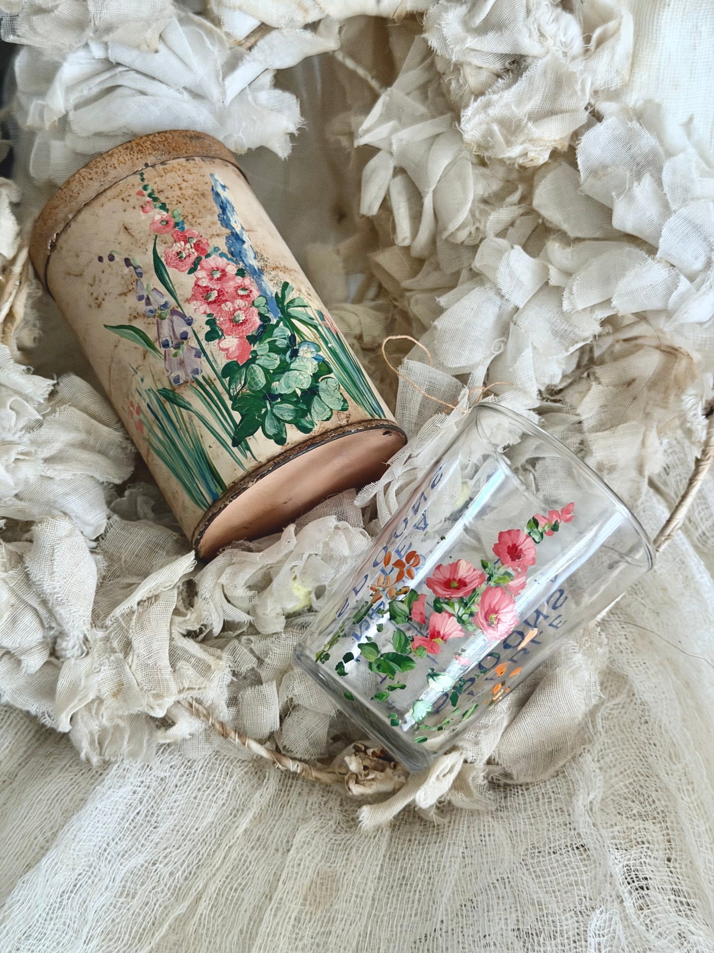Vintage Pink Painted Floral Shot Glass Measure