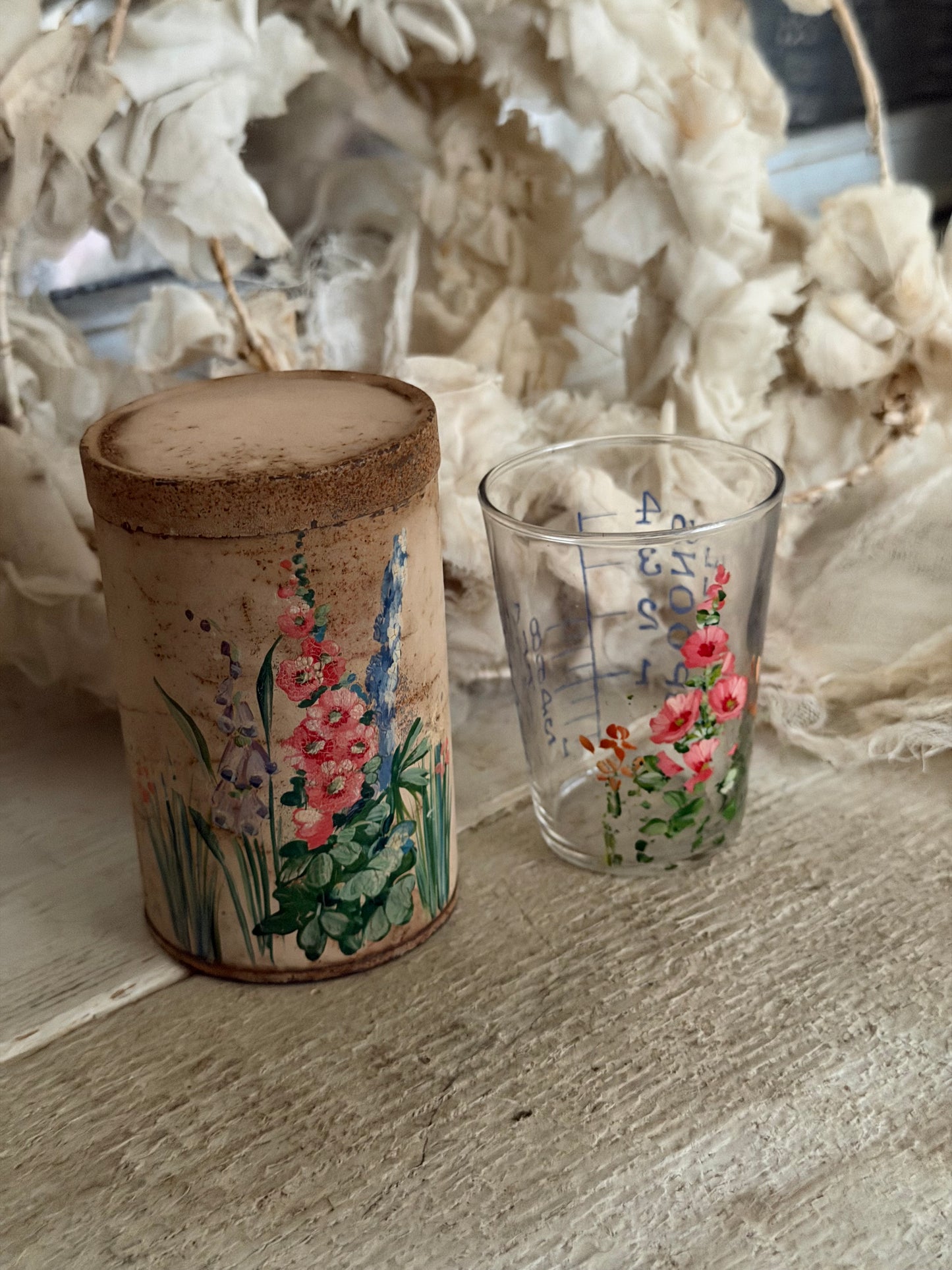 Vintage Pink Painted Floral Shot Glass Measure