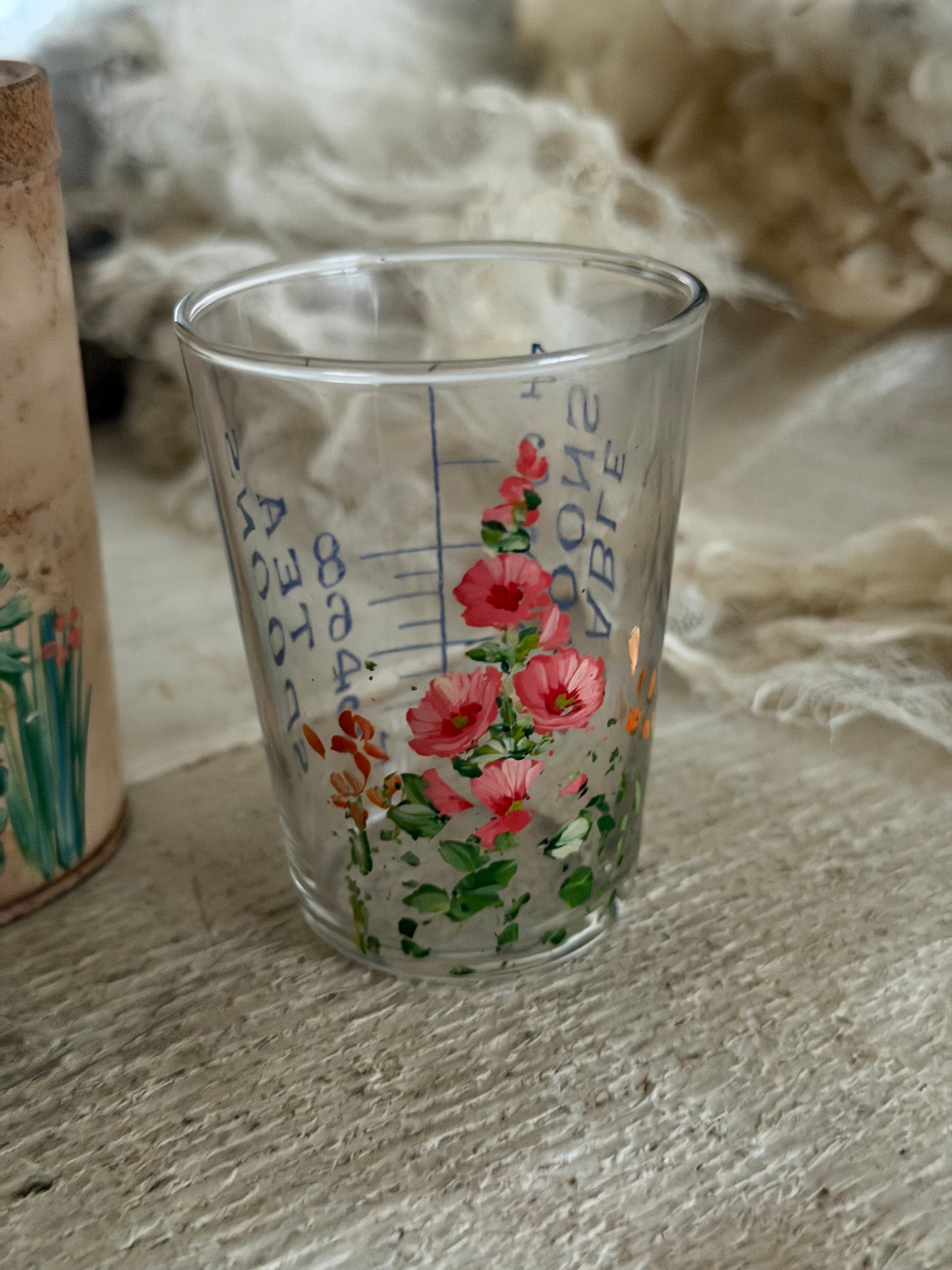 Vintage Pink Painted Floral Shot Glass Measure