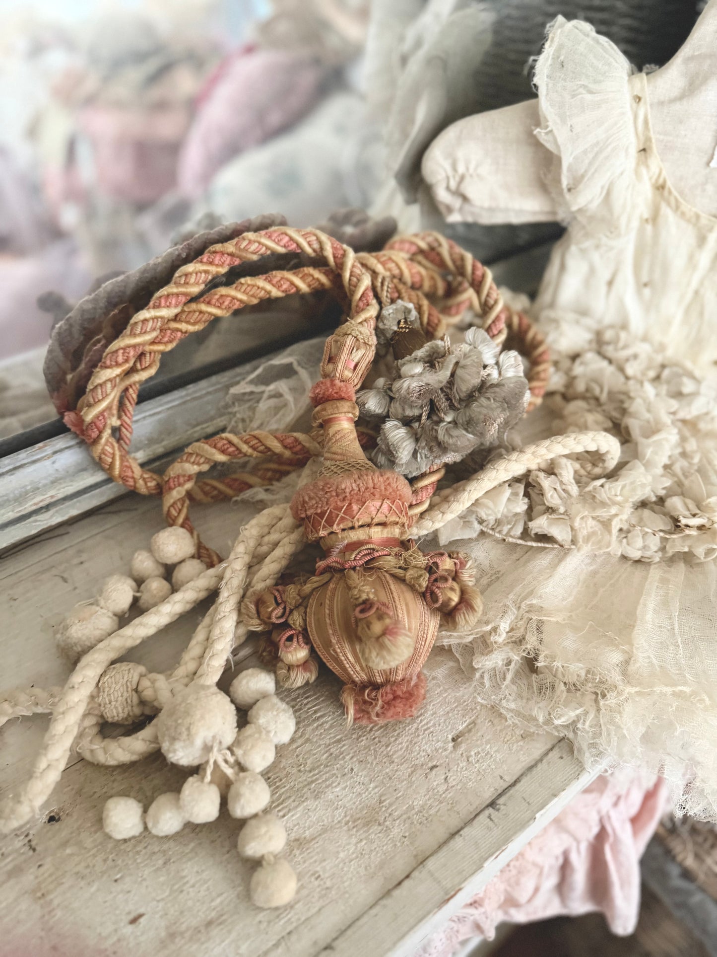 Antique 1800s XL French  Pink Passementerie Curtain Tie back