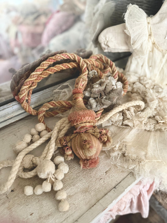 Antique 1800s XL French  Pink Passementerie Curtain Tie back