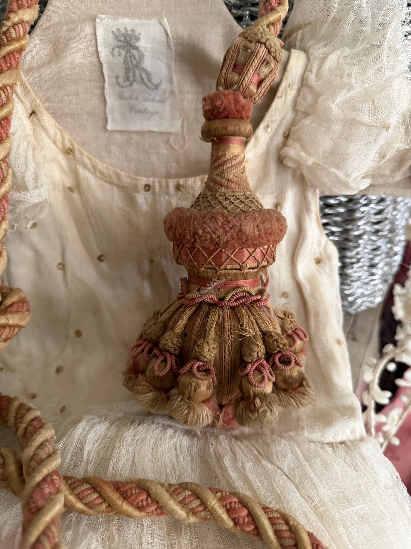 Antique 1800s XL French  Pink Passementerie Curtain Tie back