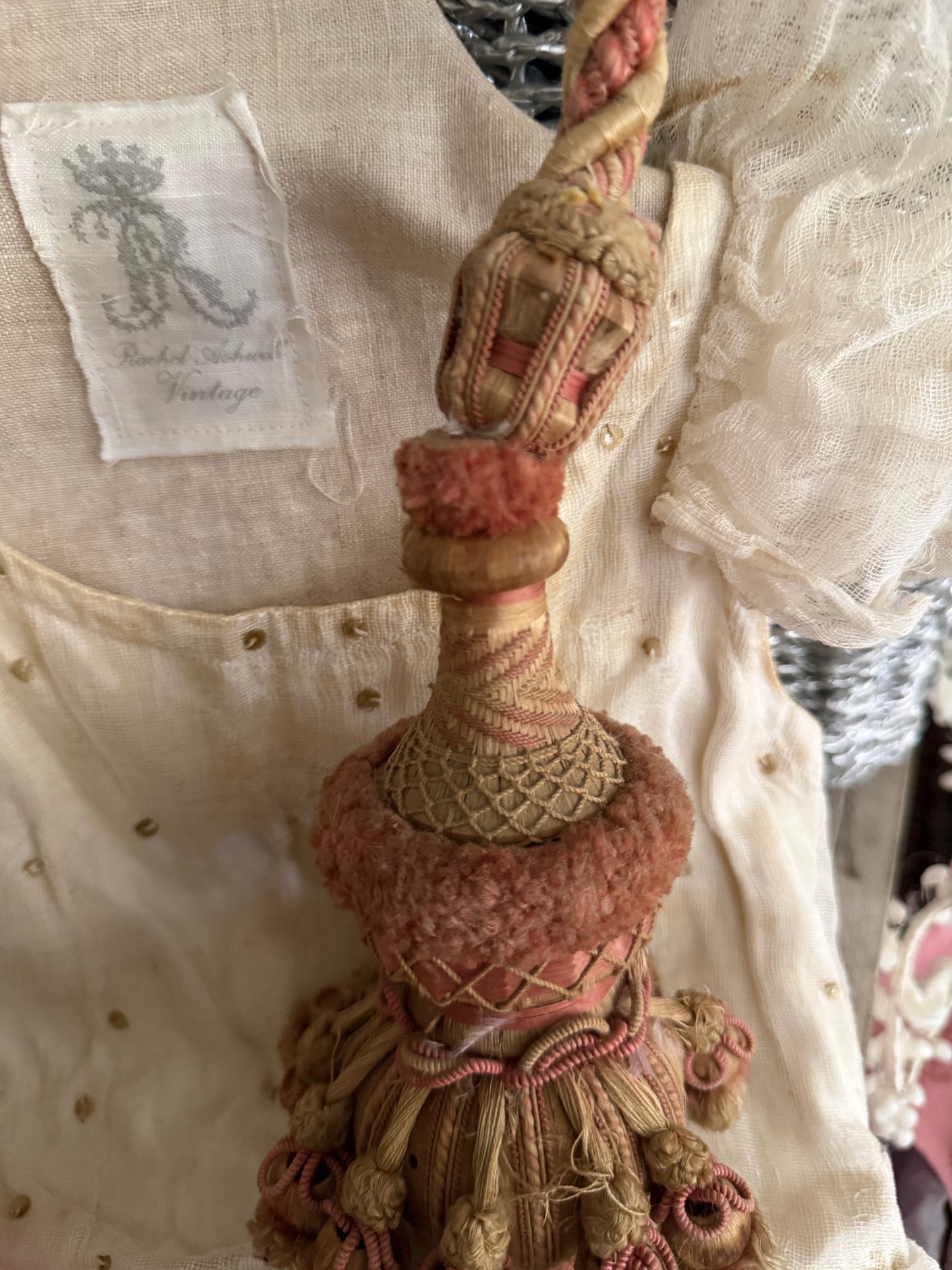 Antique 1800s XL French  Pink Passementerie Curtain Tie back