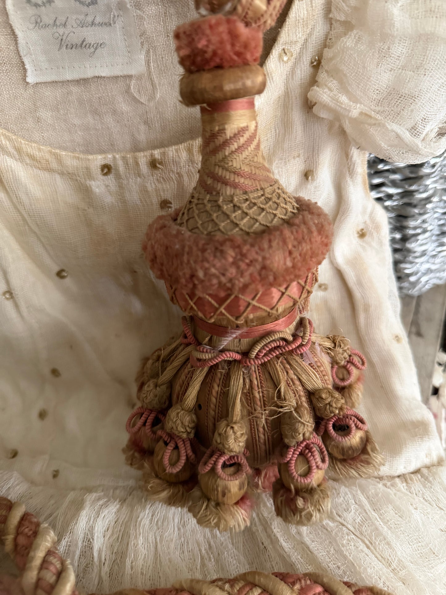 Antique 1800s XL French  Pink Passementerie Curtain Tie back