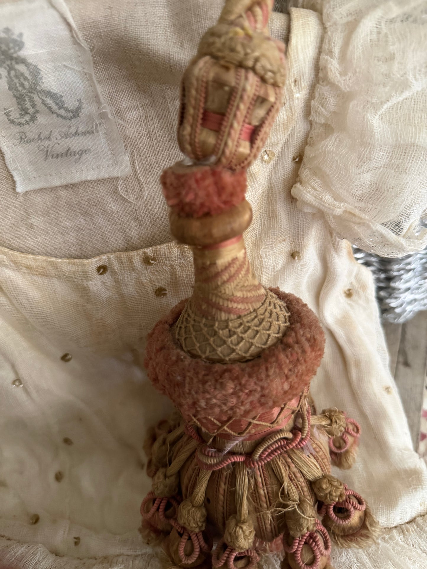 Antique 1800s XL French  Pink Passementerie Curtain Tie back