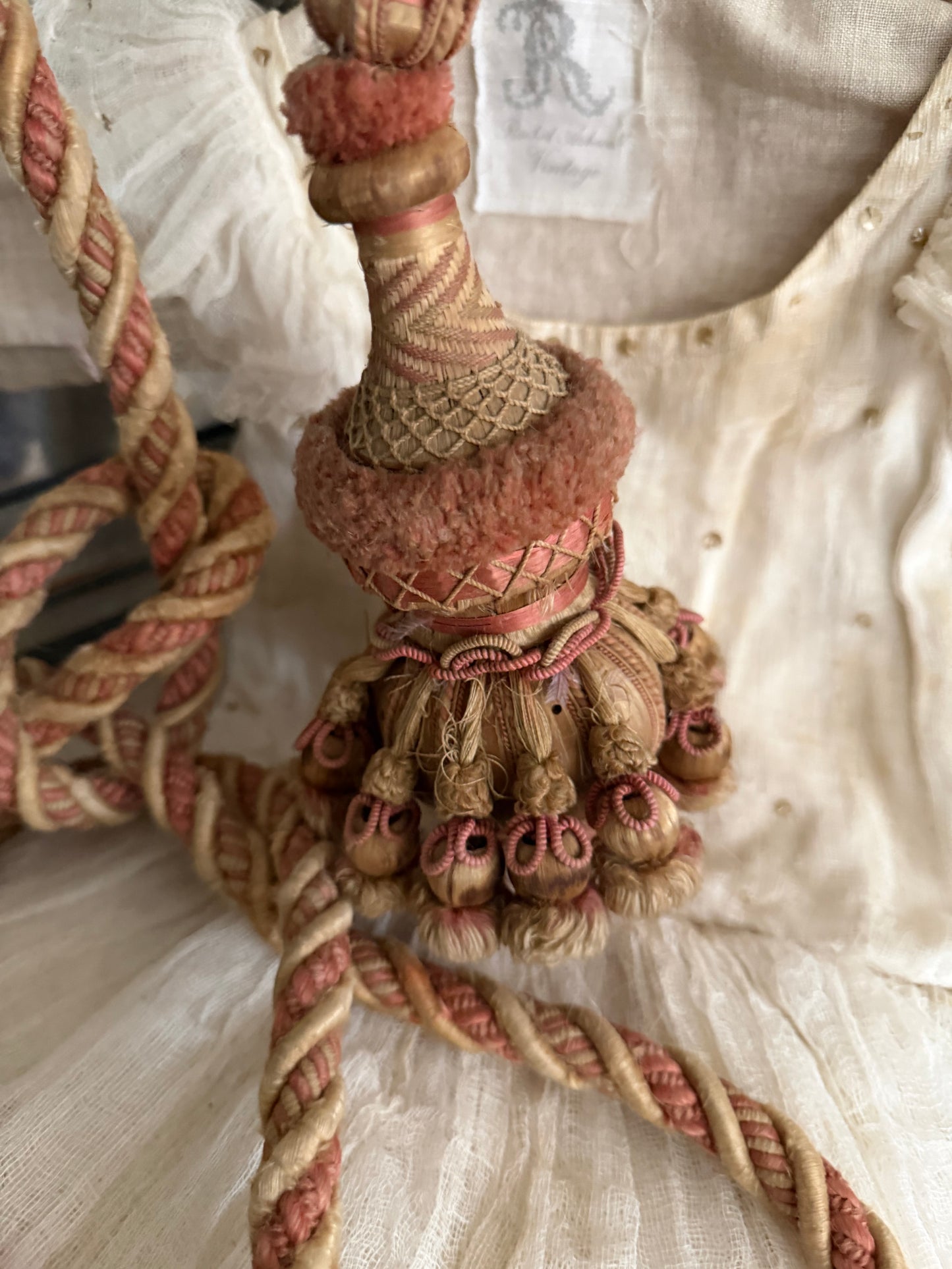 Antique 1800s XL French  Pink Passementerie Curtain Tie back