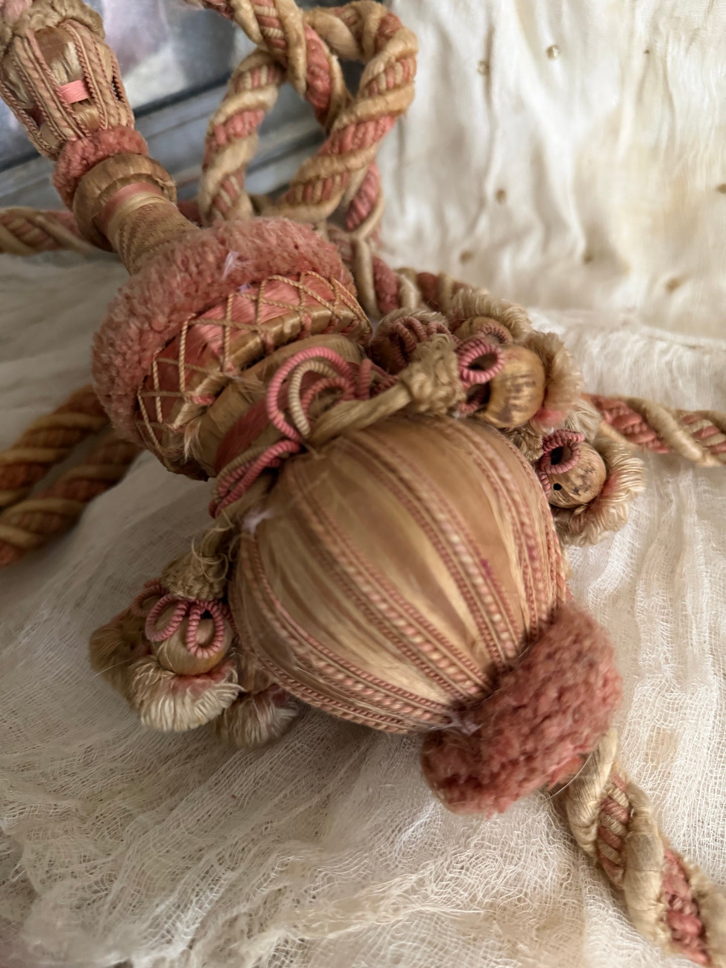 Antique 1800s XL French  Pink Passementerie Curtain Tie back
