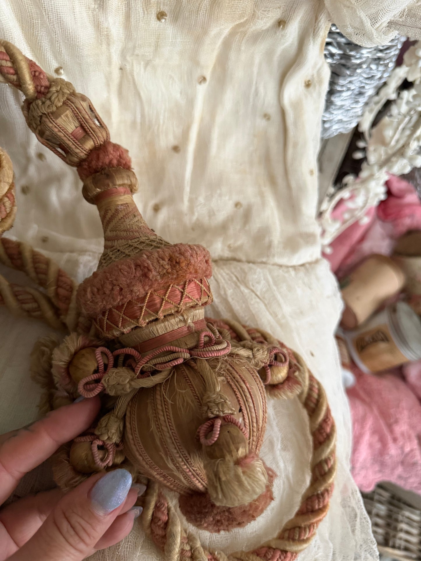 Antique 1800s XL French  Pink Passementerie Curtain Tie back