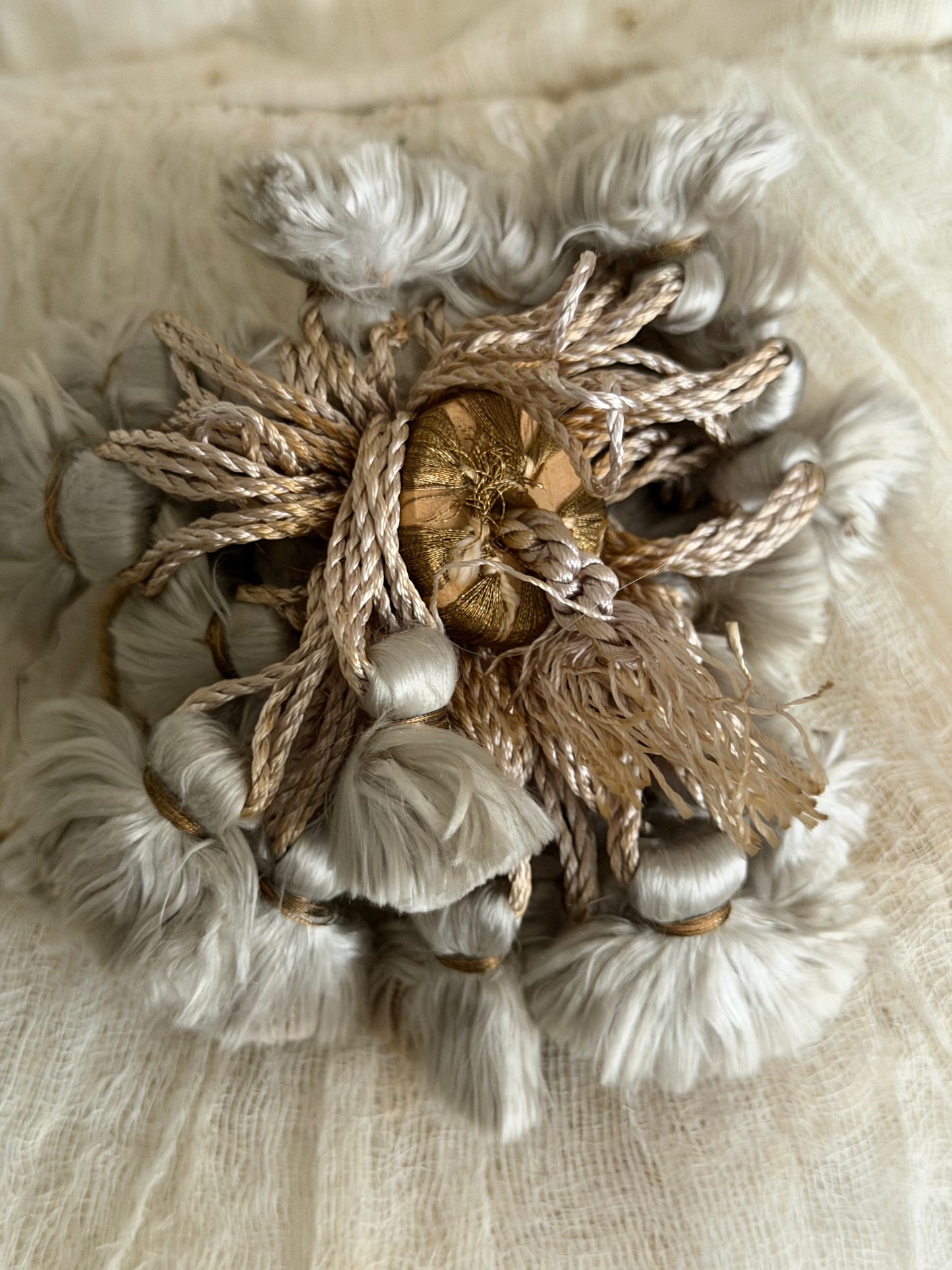 Antique Belle Epoque French Silk Dusty Blue Metallic Passementerie Tassel