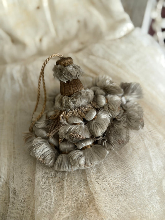 Antique Belle Epoque French Silk Dusty Blue Metallic Passementerie Tassel