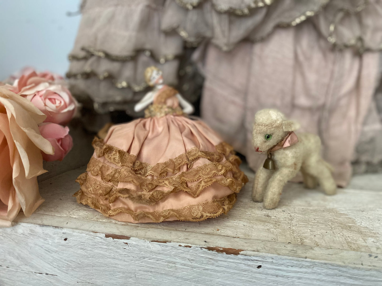 Antique Porcelain Half Doll Pin Cushion Pink Lace Dress