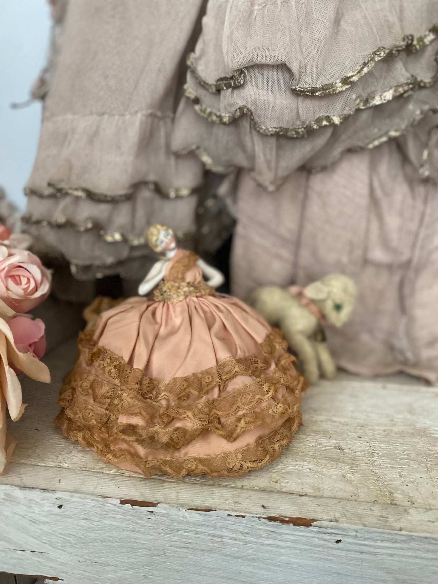 Antique Porcelain Half Doll Pin Cushion Pink Lace Dress