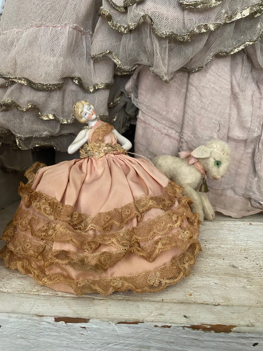 Antique Porcelain Half Doll Pin Cushion Pink Lace Dress