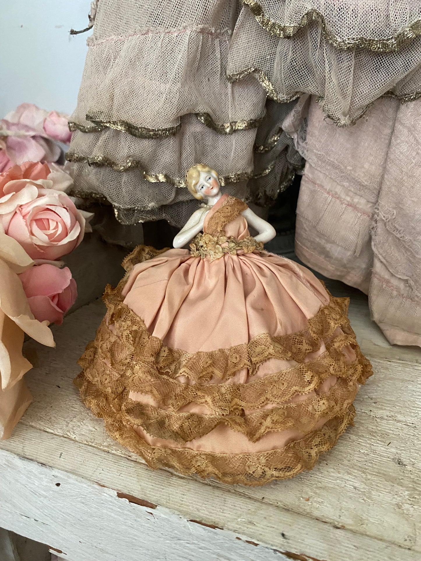 Antique Porcelain Half Doll Pin Cushion Pink Lace Dress