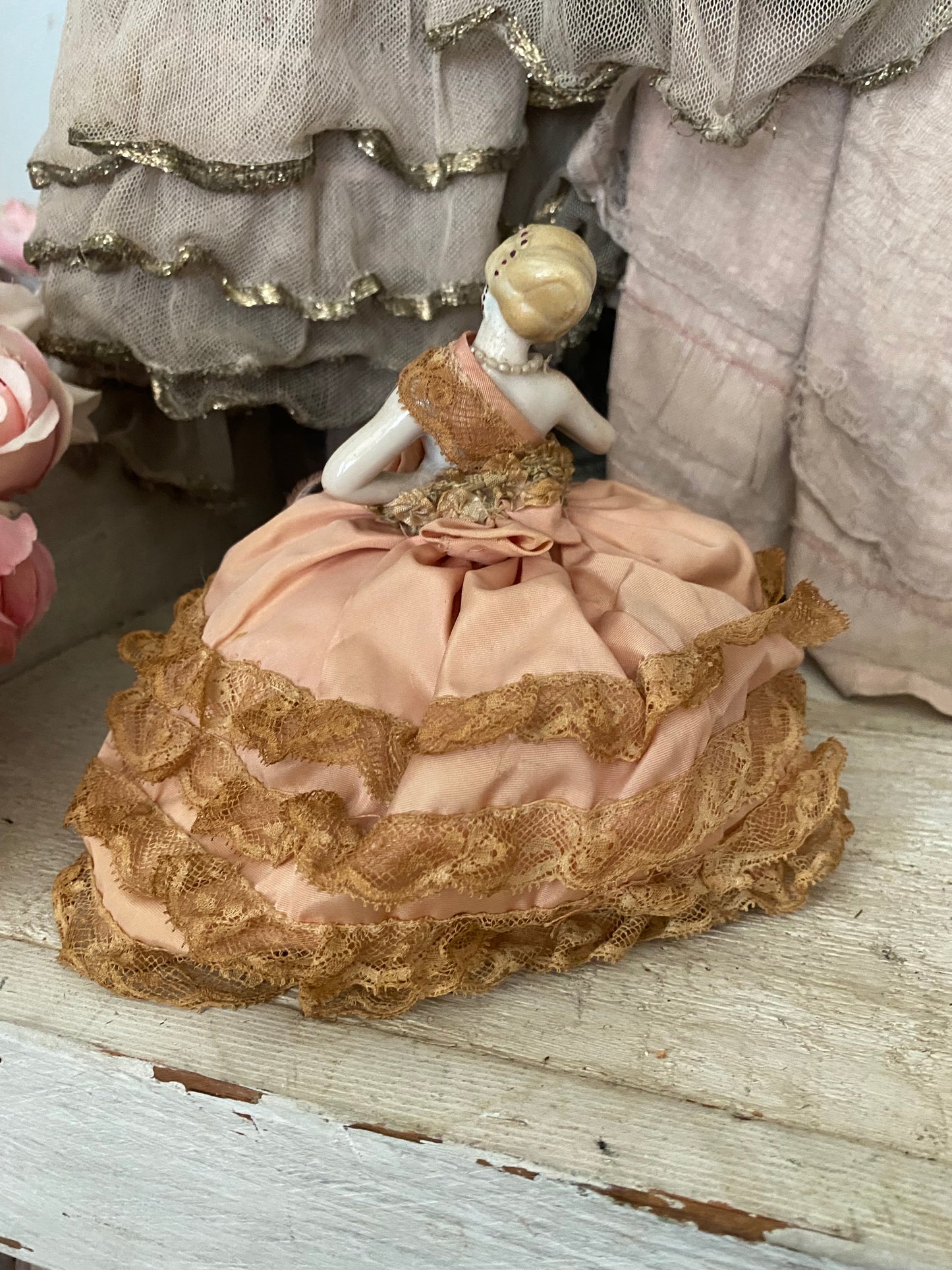 Antique Porcelain Half Doll Pin Cushion Pink Lace Dress