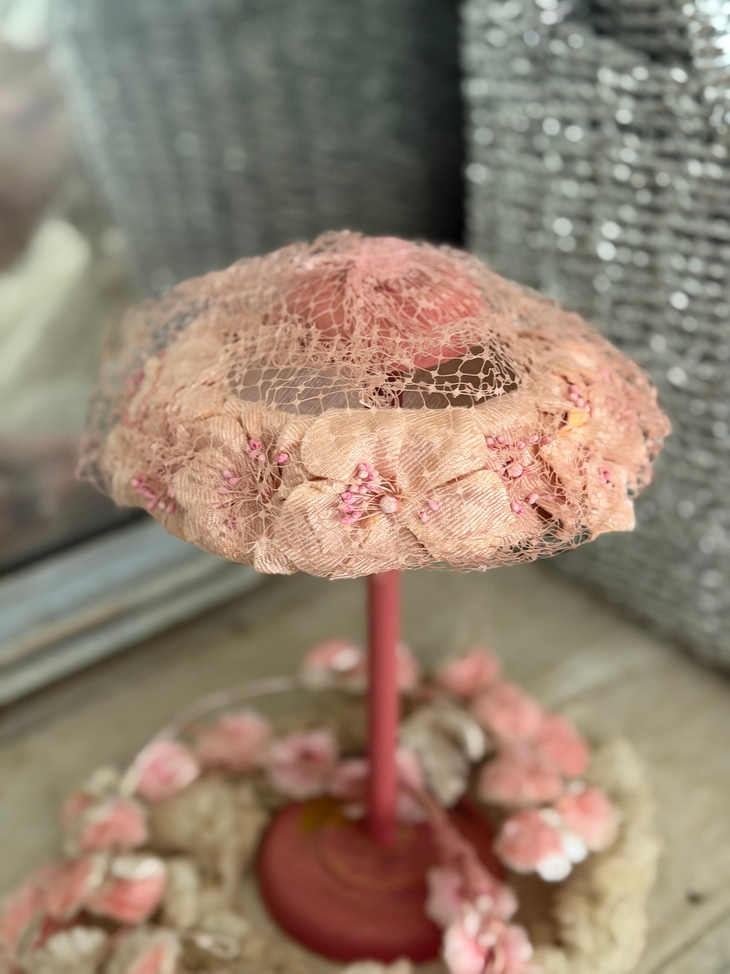 Vintage Pink Millinery Flower Net Lace Hat