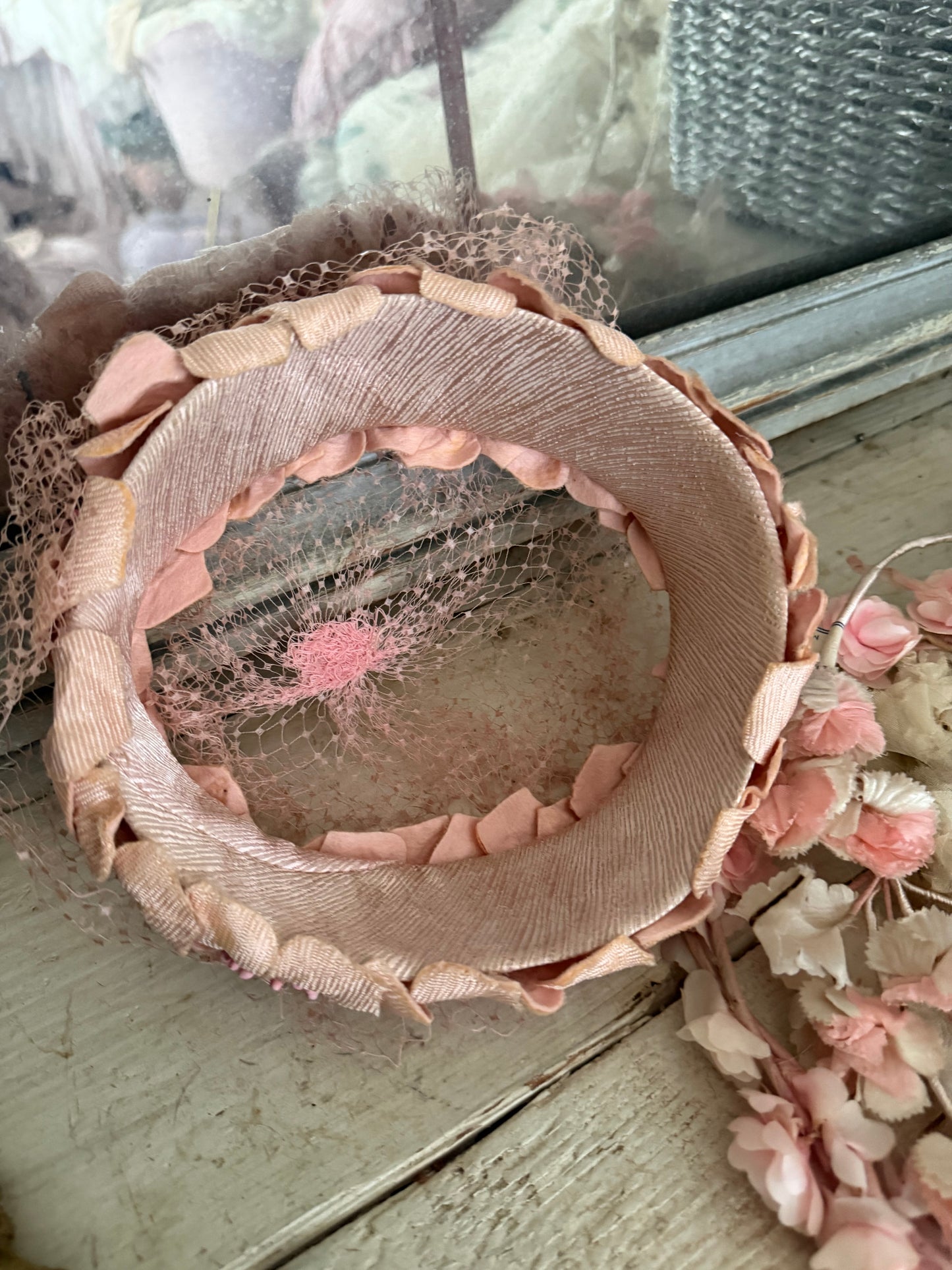 Vintage Pink Millinery Flower Net Lace Hat