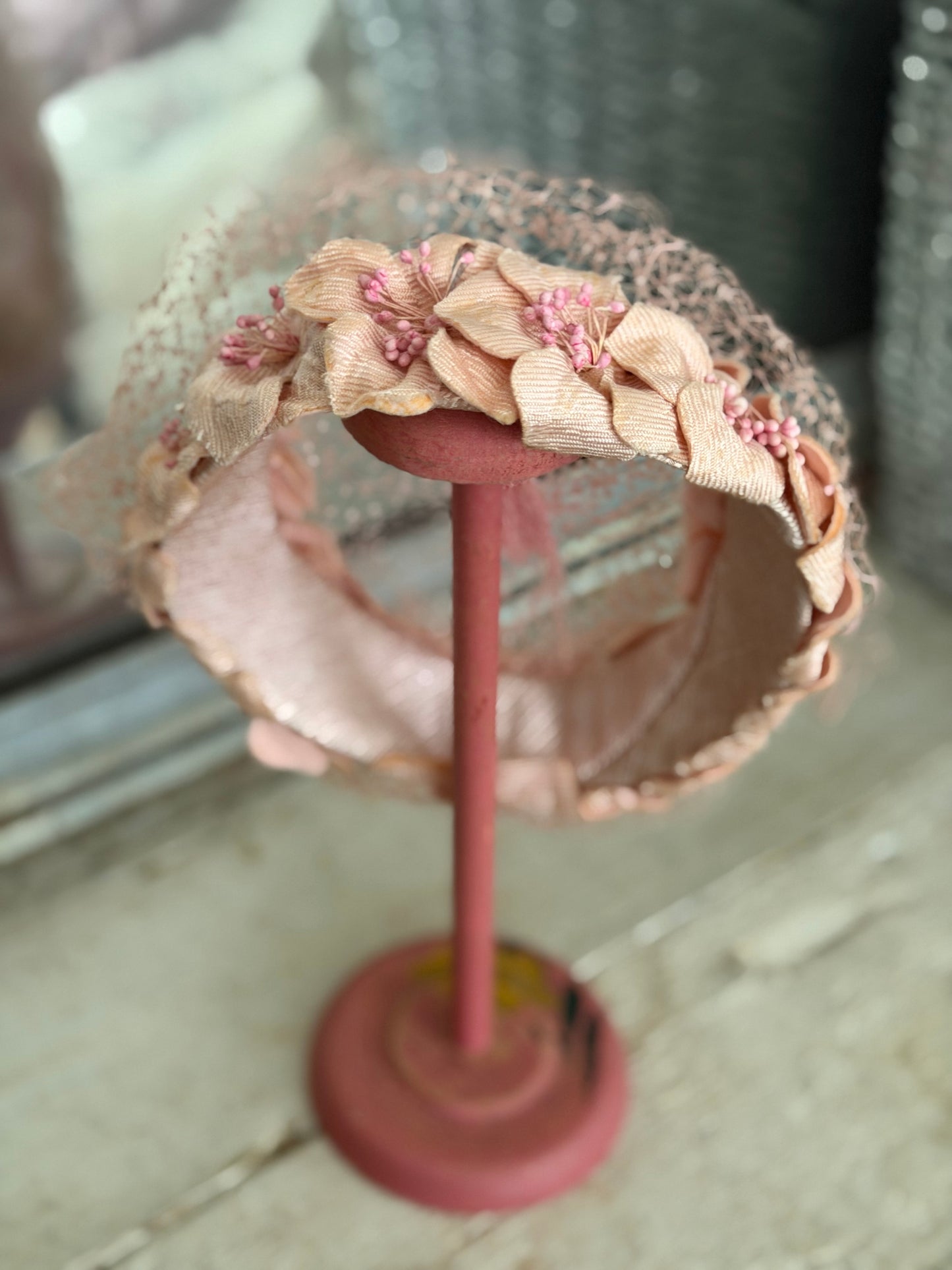 Vintage Pink Millinery Flower Net Lace Hat
