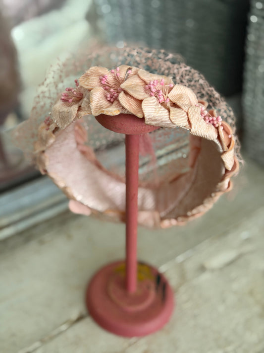 Vintage Pink Millinery Flower Net Lace Hat