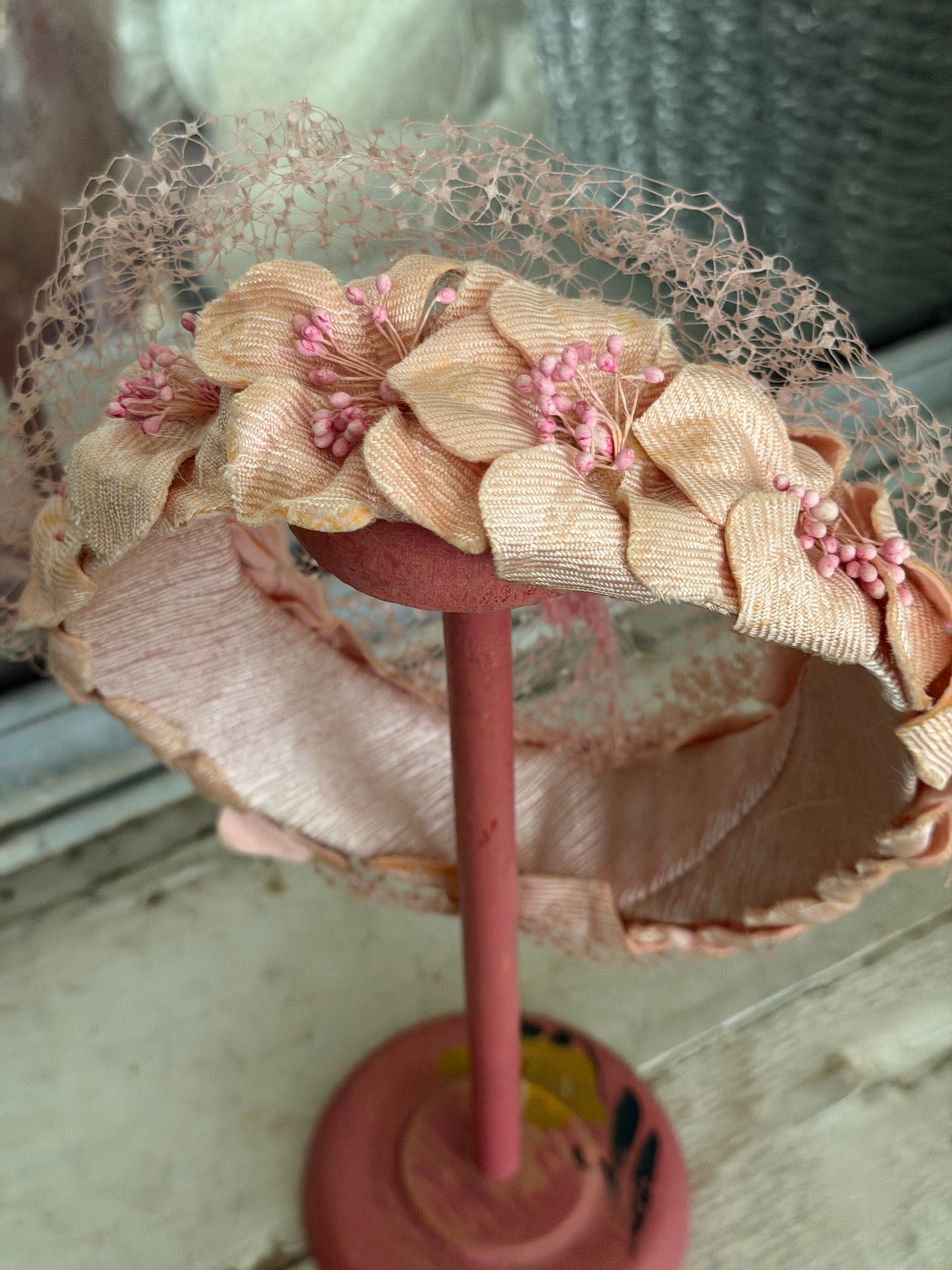 Vintage Pink Millinery Flower Net Lace Hat