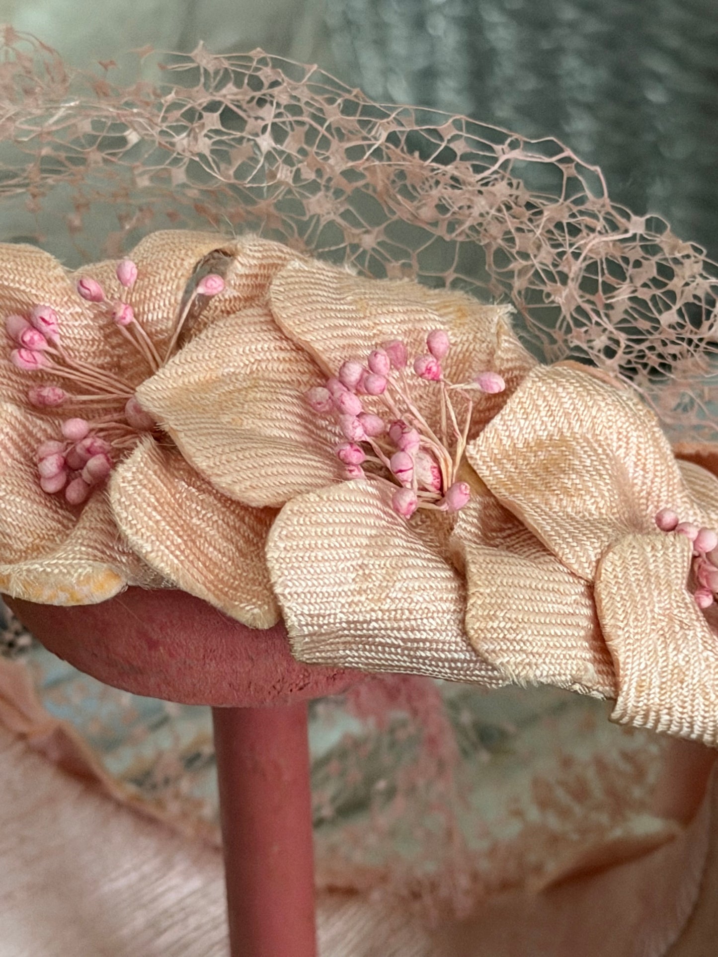 Vintage Pink Millinery Flower Net Lace Hat