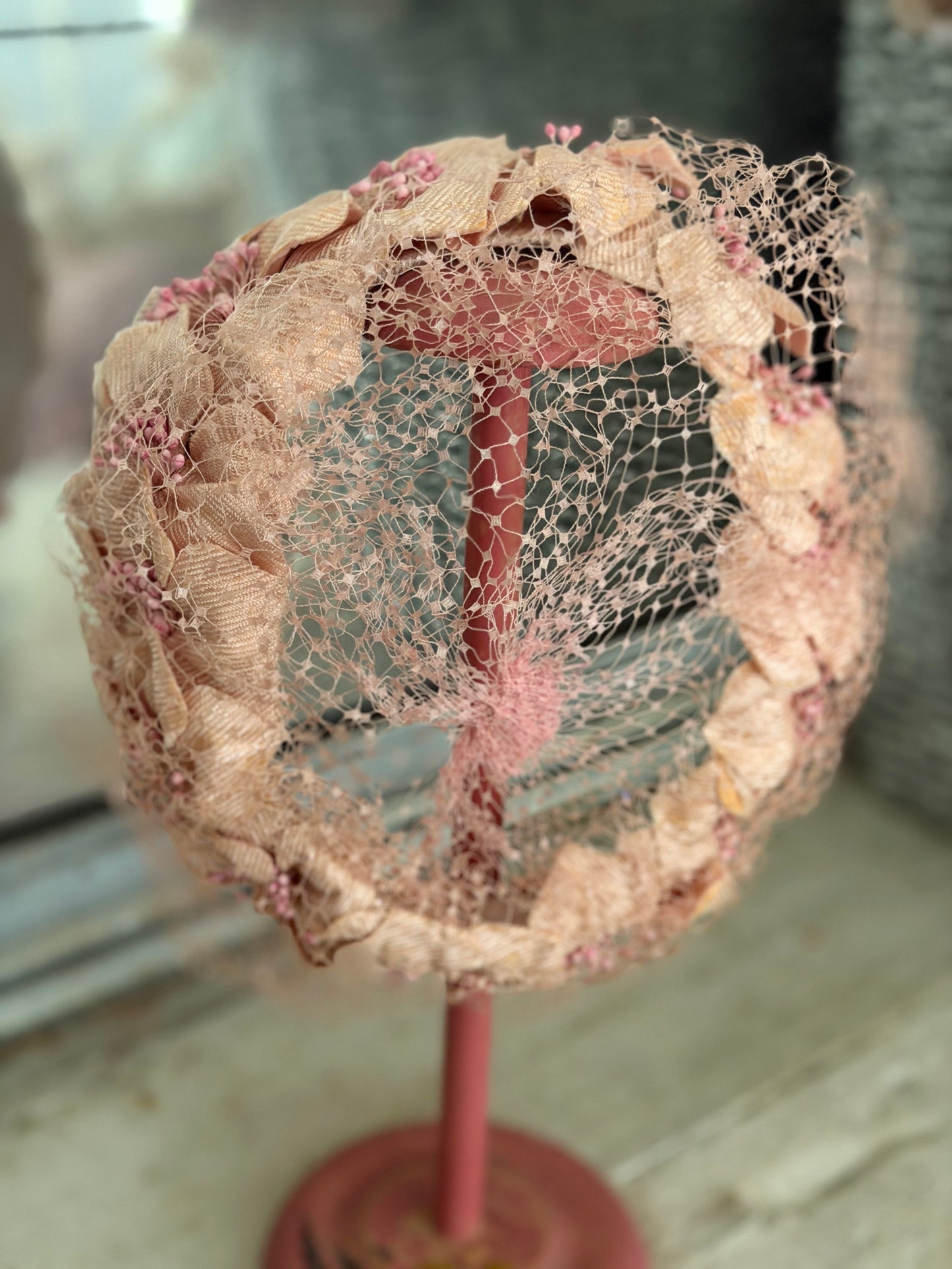 Vintage Pink Millinery Flower Net Lace Hat