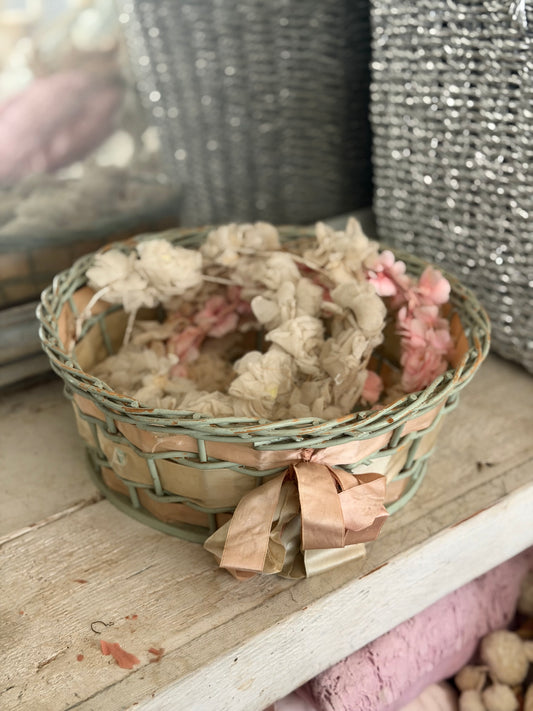 Vintage Chippy Blue Basket Silk Pink Ribbon Bow