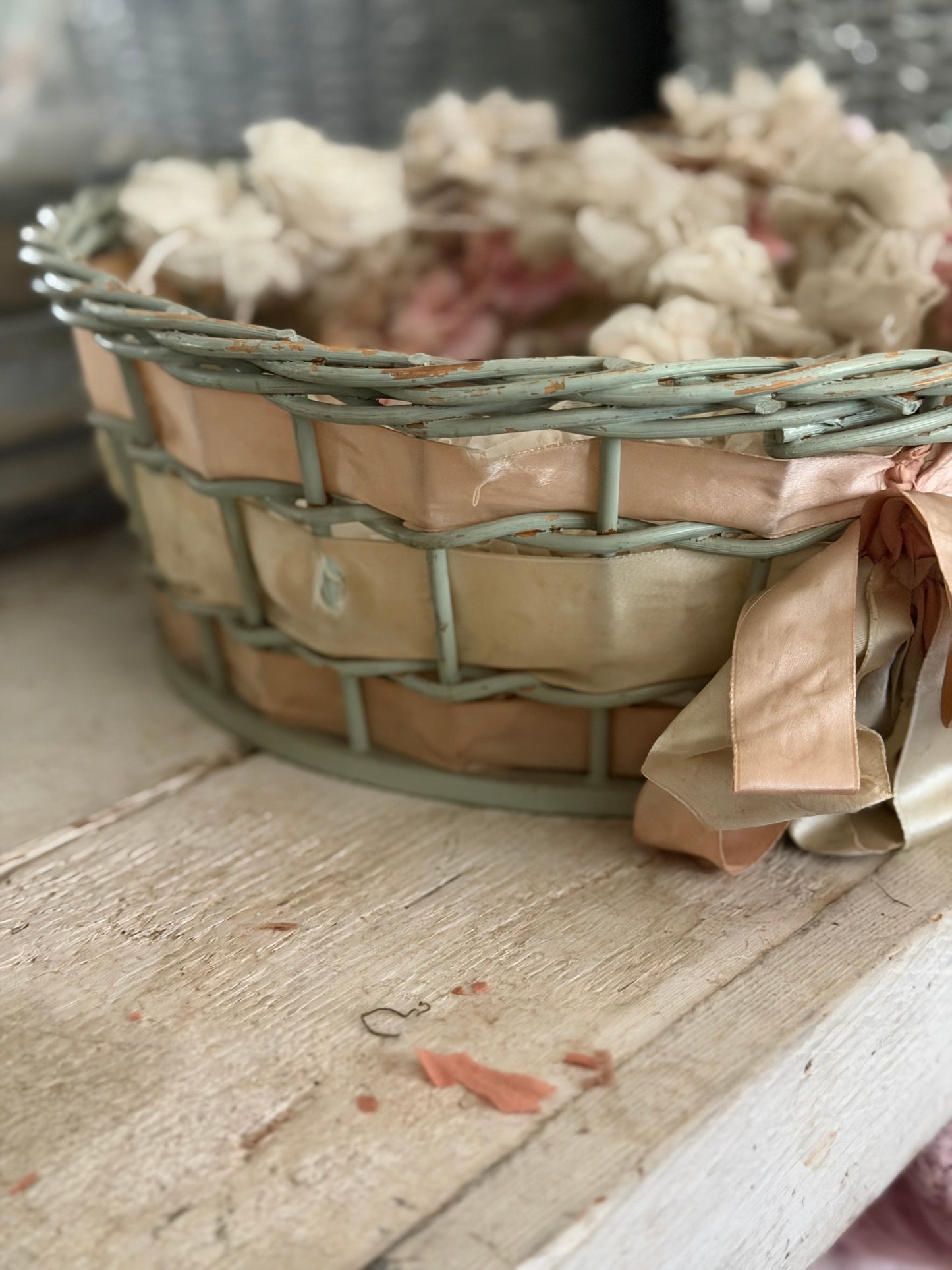 Vintage Chippy Blue Basket Silk Pink Ribbon Bow