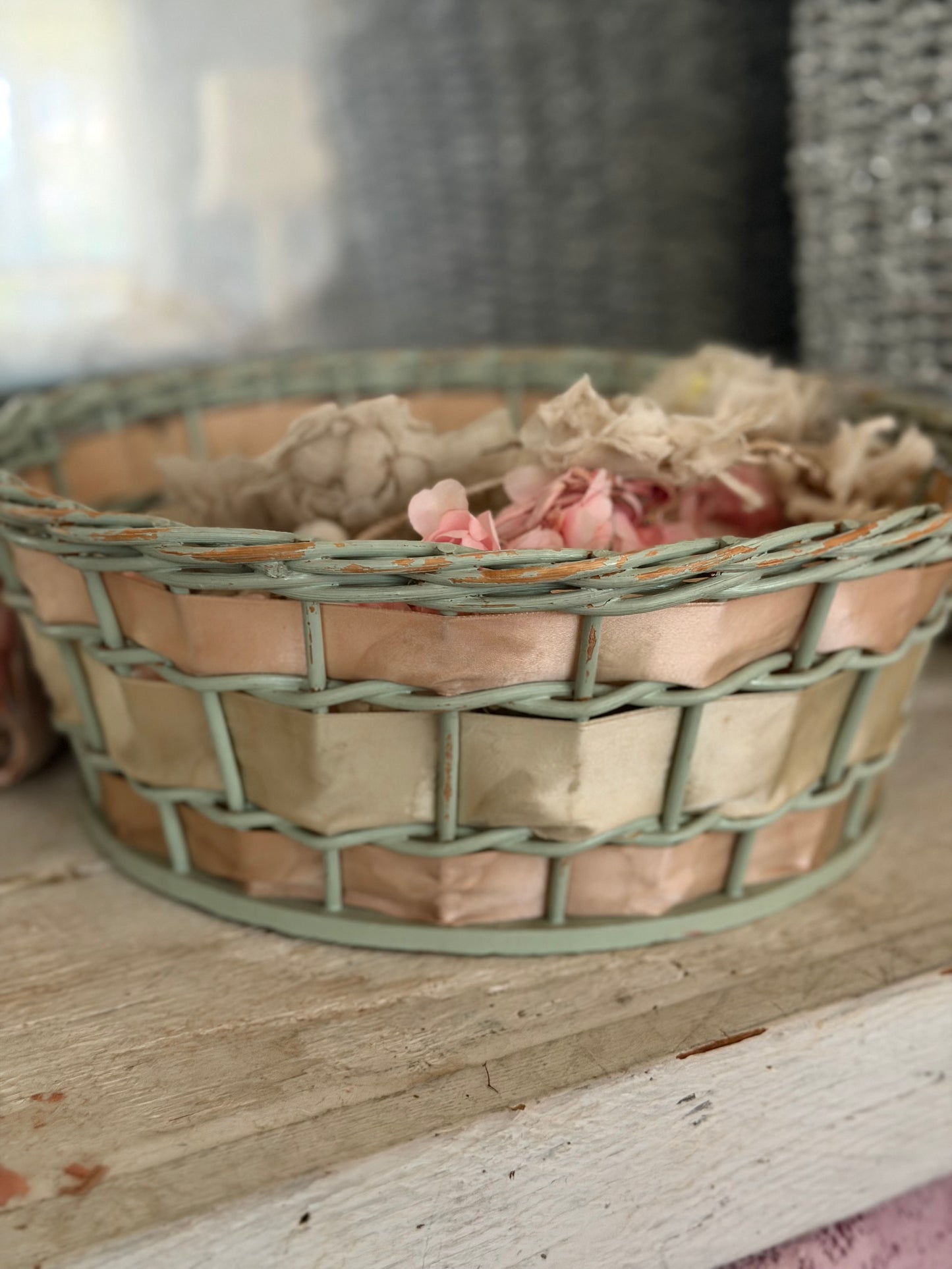 Vintage Chippy Blue Basket Silk Pink Ribbon Bow