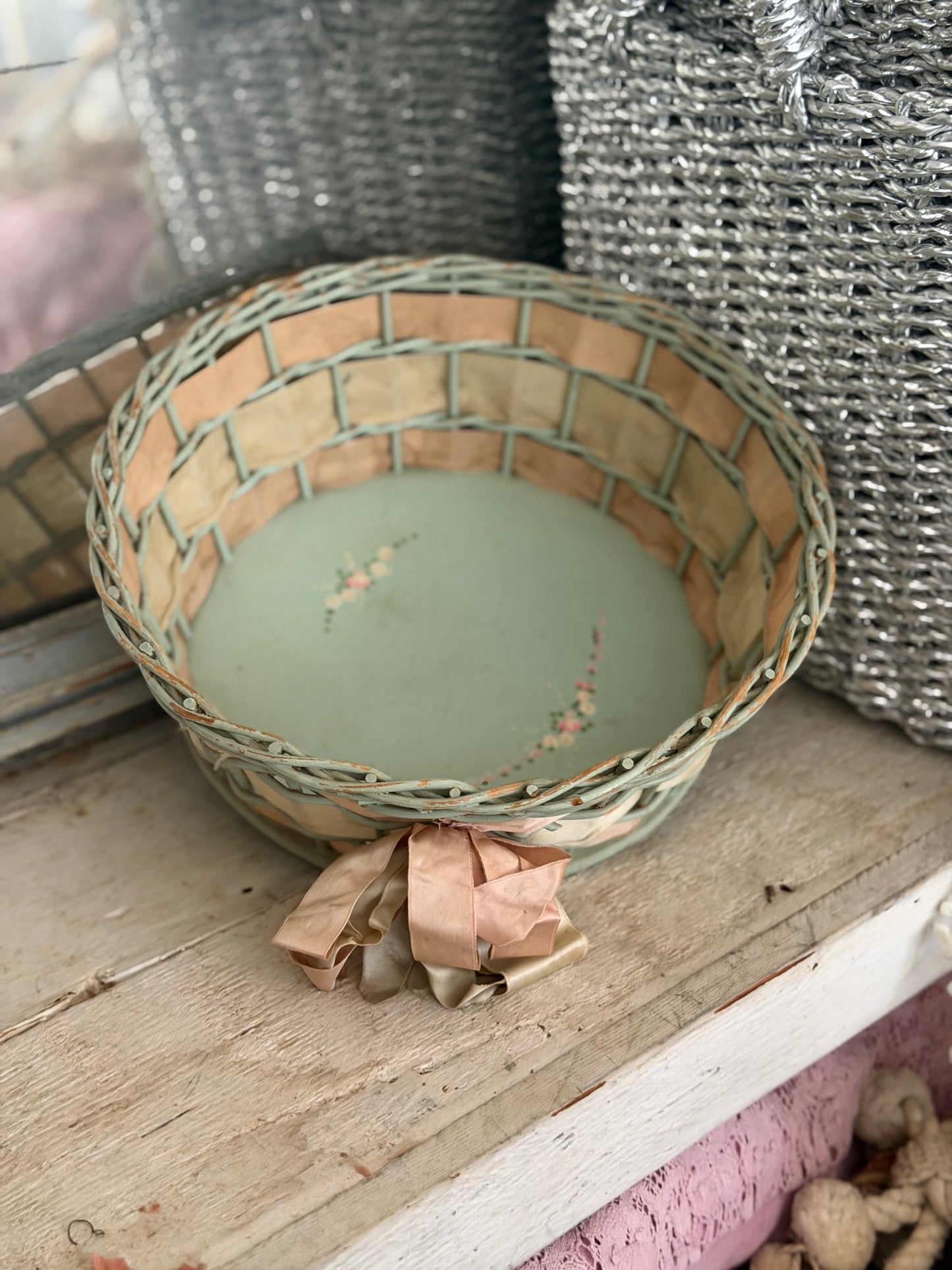 Vintage Chippy Blue Basket Silk Pink Ribbon Bow