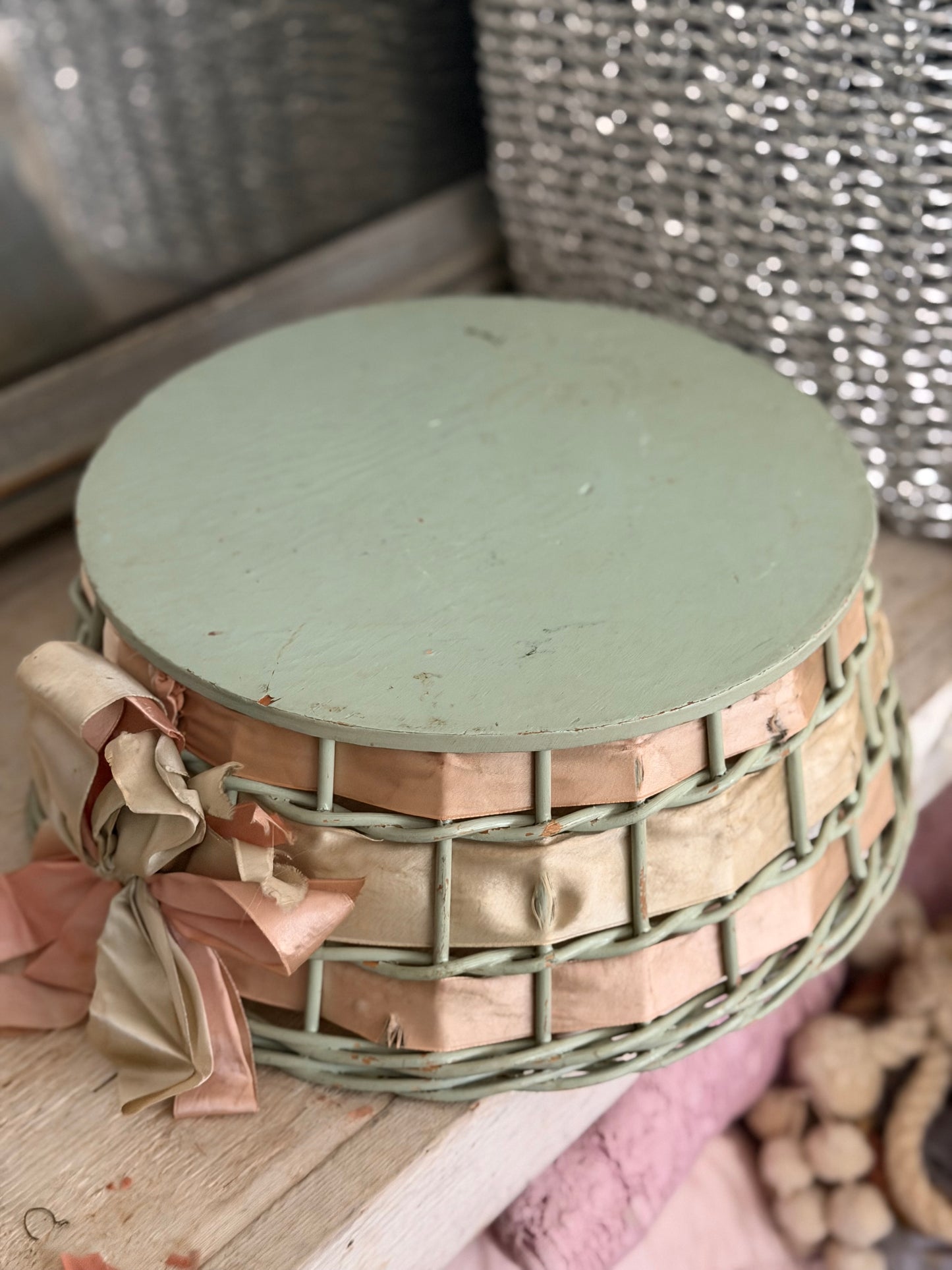 Vintage Chippy Blue Basket Silk Pink Ribbon Bow