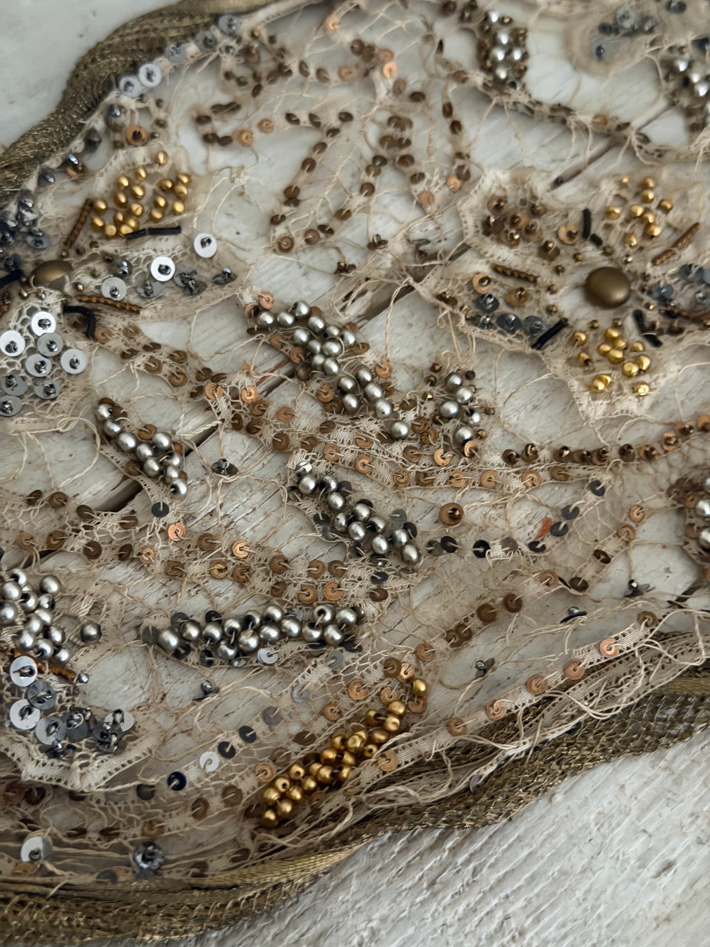 Antique 1920s Flapper Gold Lame Lace Sequin Theater Headdress