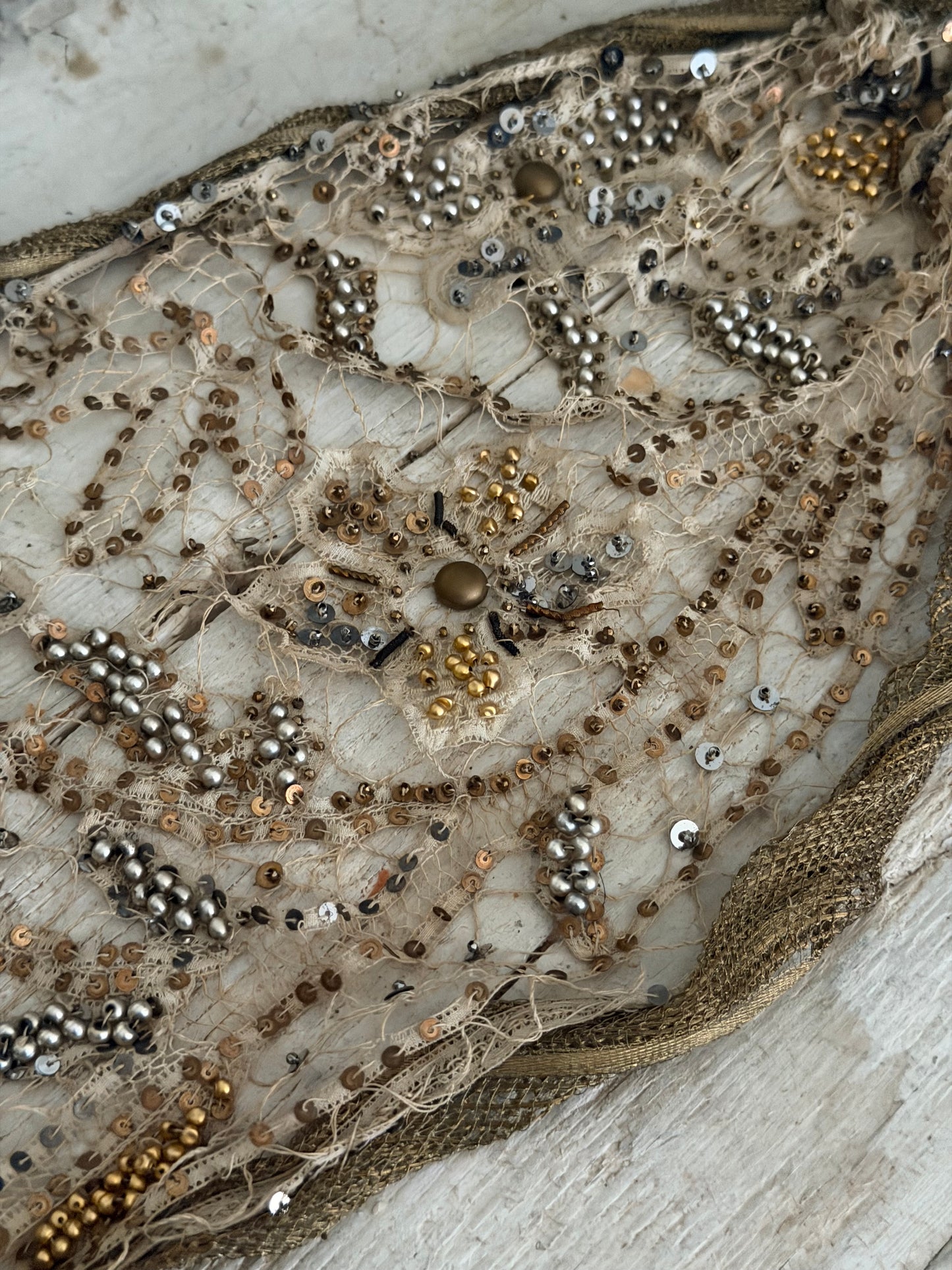 Antique 1920s Flapper Gold Lame Lace Sequin Theater Headdress