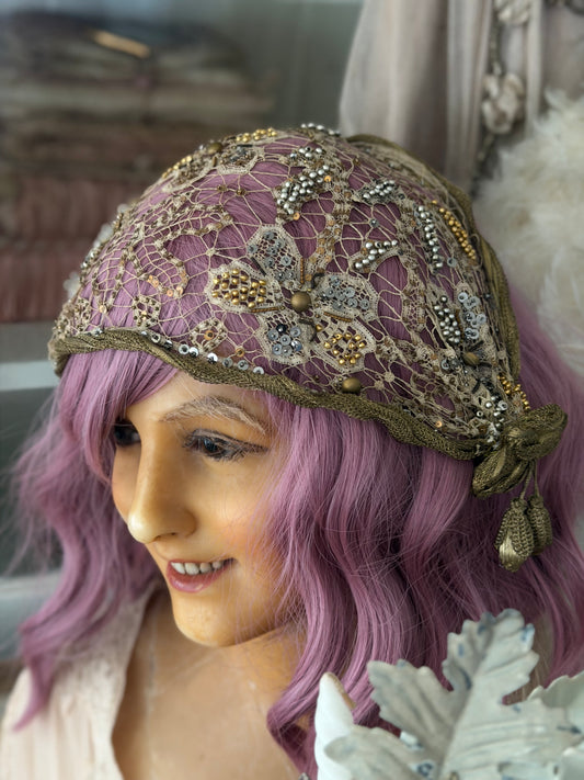 Antique 1920s Flapper Gold Lame Lace Sequin Theater Headdress