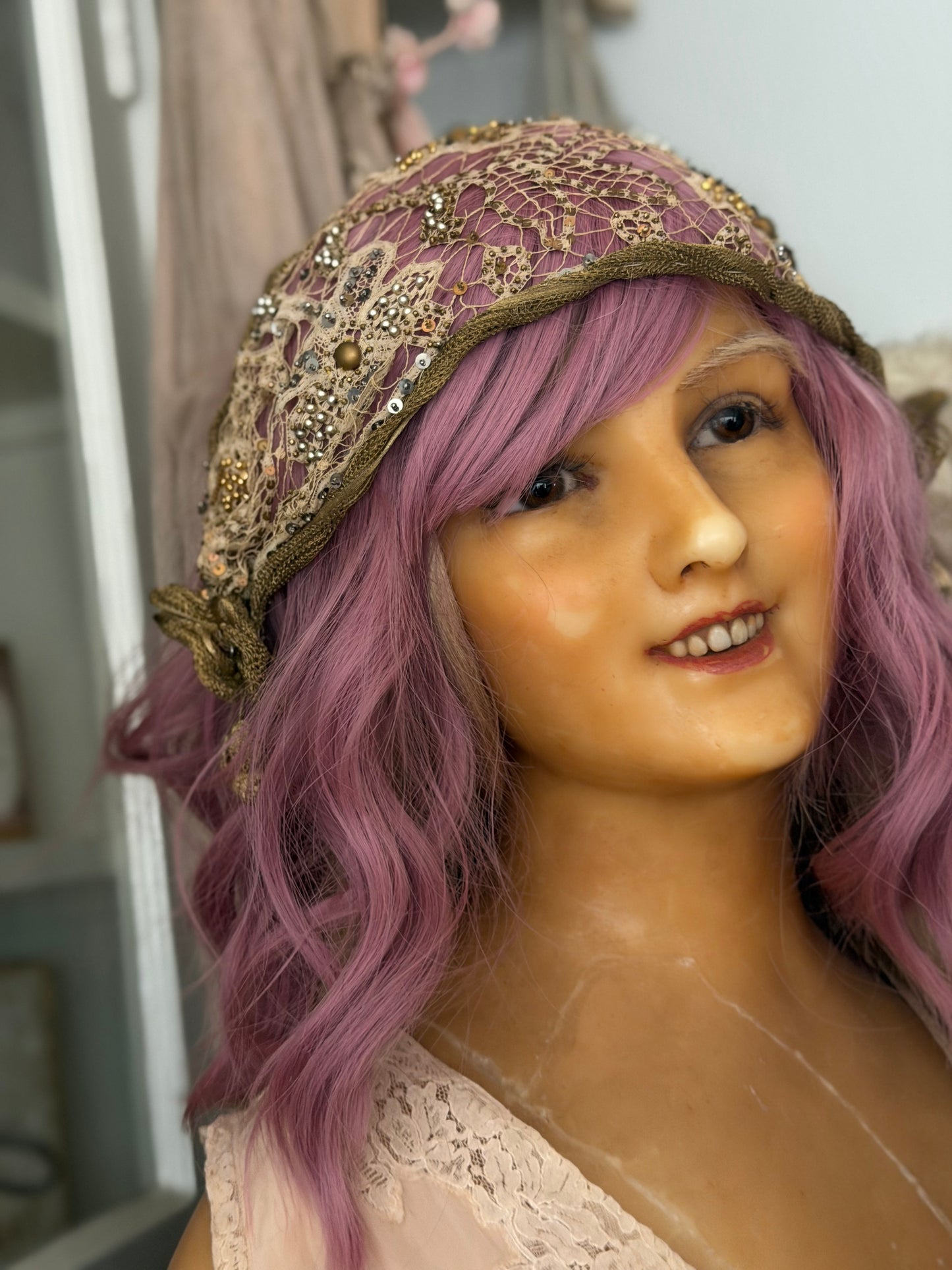 Antique 1920s Flapper Gold Lame Lace Sequin Theater Headdress