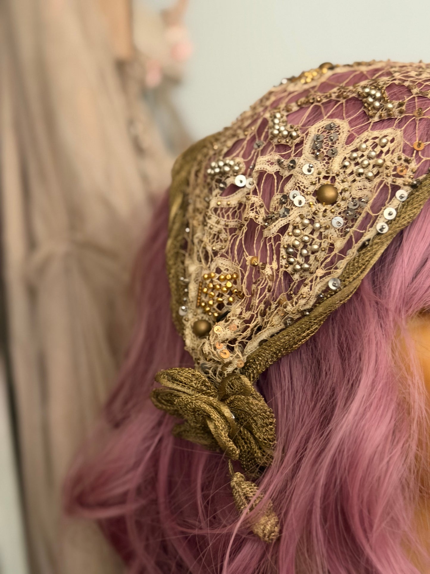Antique 1920s Flapper Gold Lame Lace Sequin Theater Headdress