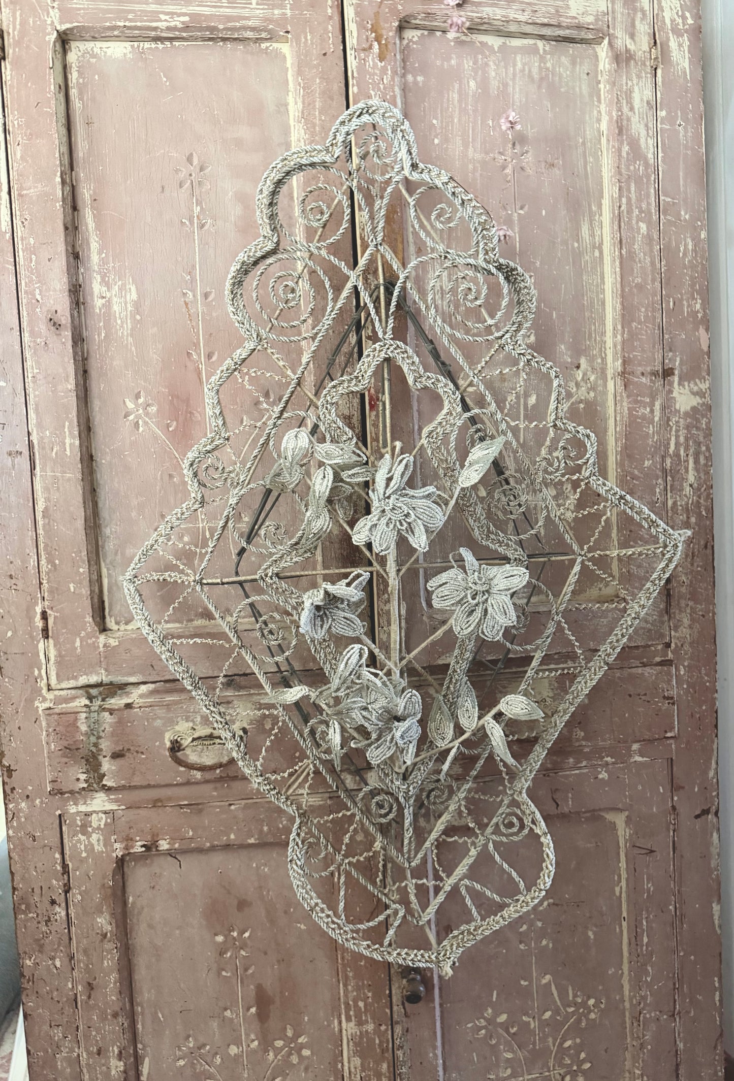 RARE XL Antique French Beaded Floral Wreath White Grey