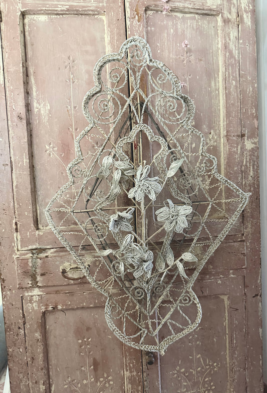 RARE XL Antique French Beaded Floral Wreath White Grey